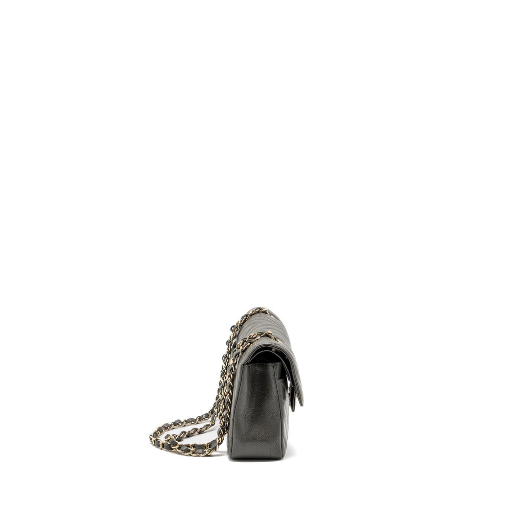CHANEL SMALL CLASSIC DOUBLE FLAP BAG CHEVRON CAVIAR DARK GREY LGHW