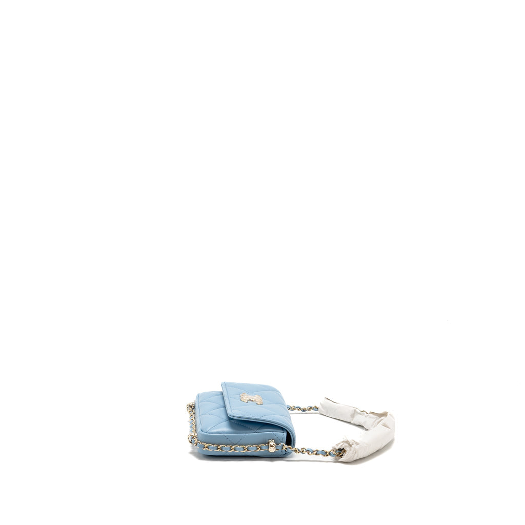 CHANEL MINI FLAP CLUTCH WITH CHAIM LAMBSKIN LIGHT BLUE LGHW