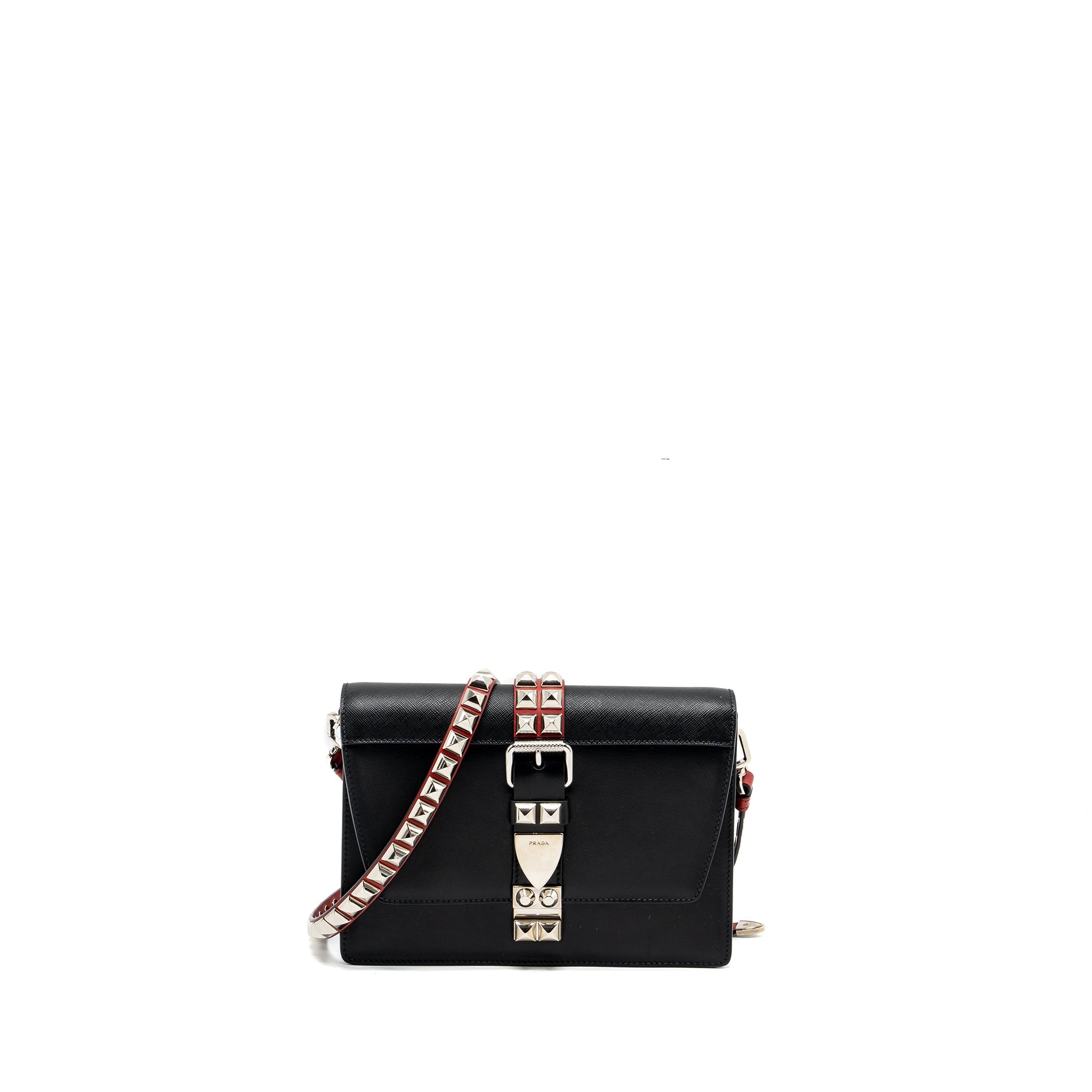 PRADA ELECTRA CITY FLAP BAG CALFSKIN BLACK / RED SHW