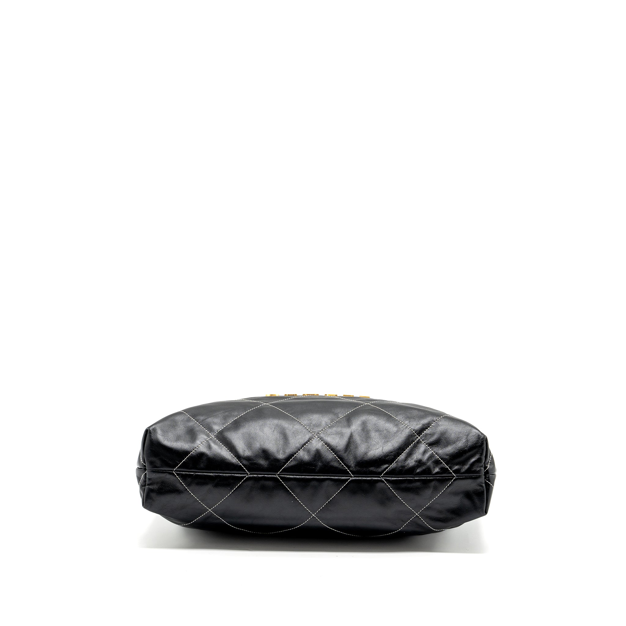 CHANEL MEDIUM 22 BAG SHINY CALFSKIN BLACK WITH WHITE STITCHING GOLD LETTER GHW (MICROCHIP)