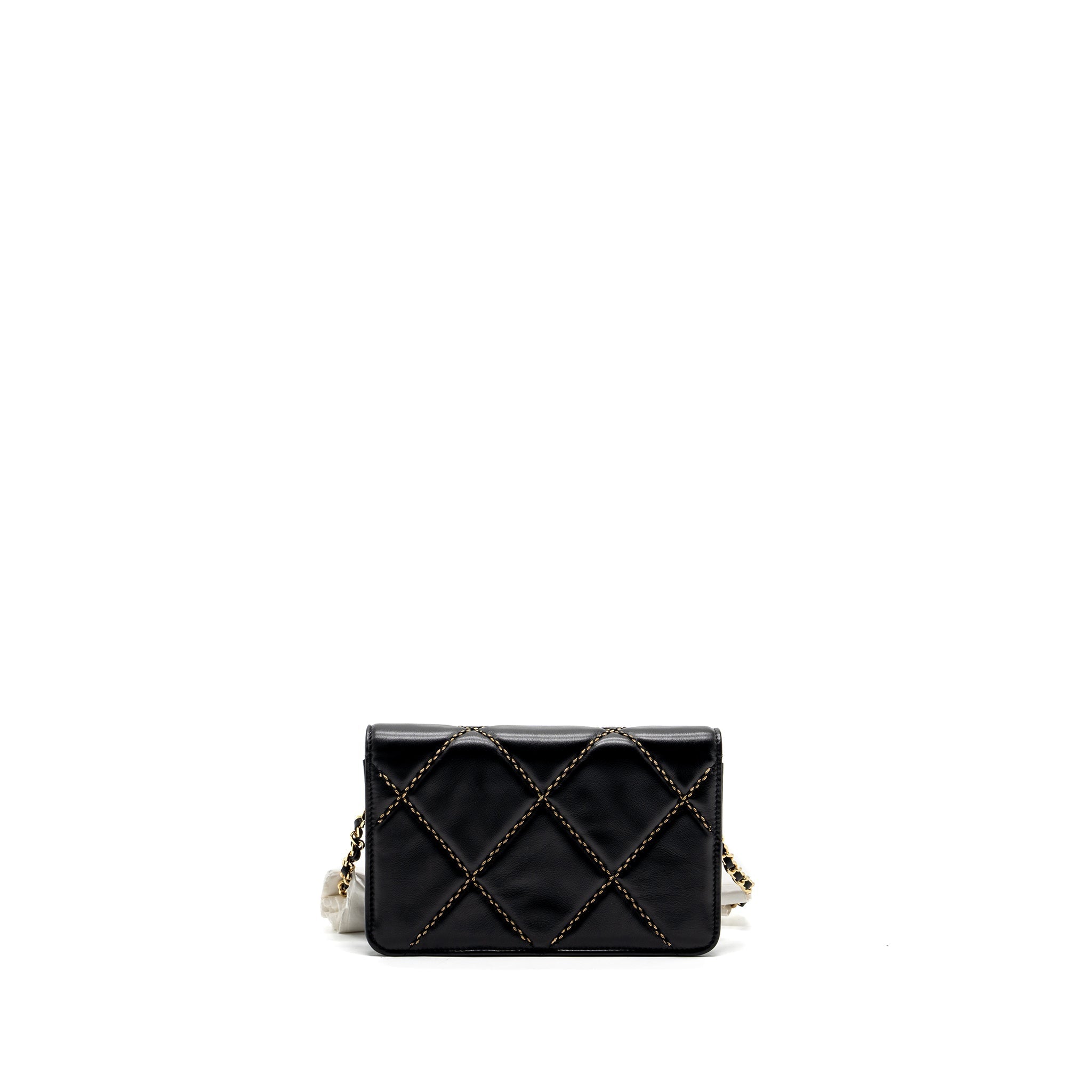 CHANEL QUILTED WALLET ON CHAIN SHINY CALFSKIN BLACK GHW (MICROCHIP)
