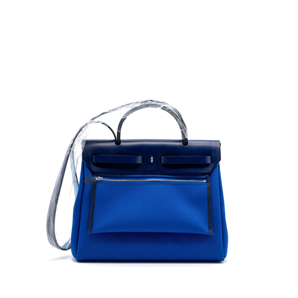 HERMES HERBAG 31 ZIP BAG CANVAS/ HUNTER LEATHER BLUE BILLARD / BLUE SAPHIR SHW