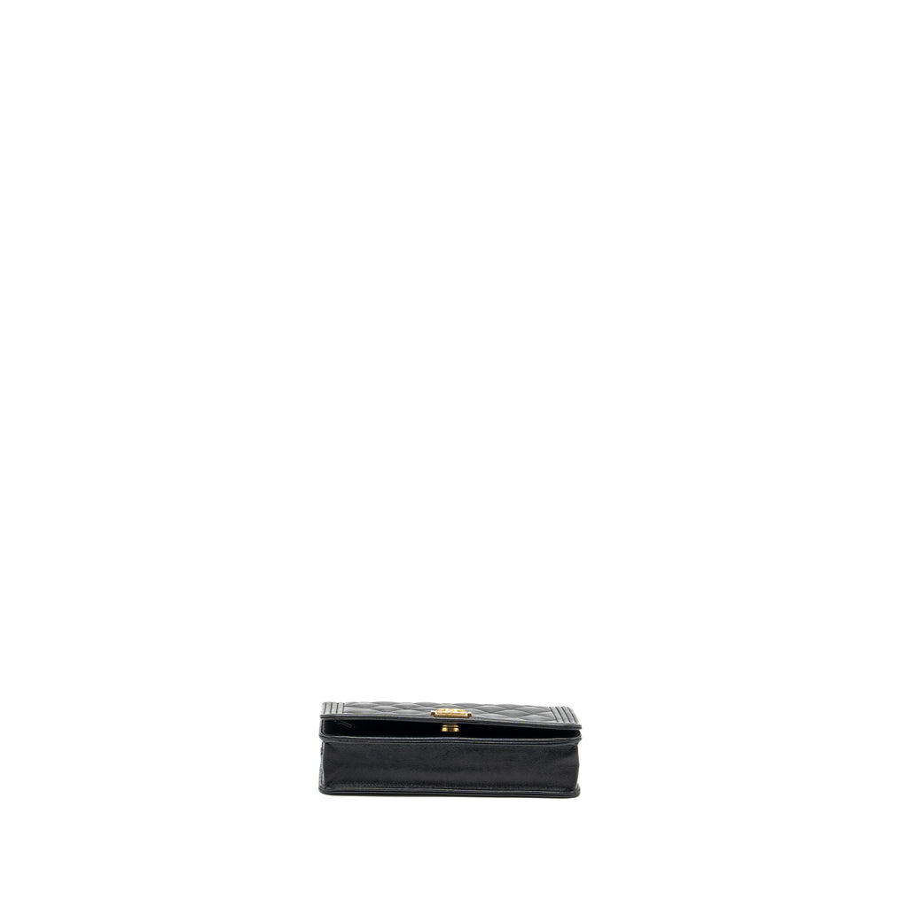 CHANEL BOY WALLET ON CHAIN LAMBSKIN BLACK BRUSHED GHW