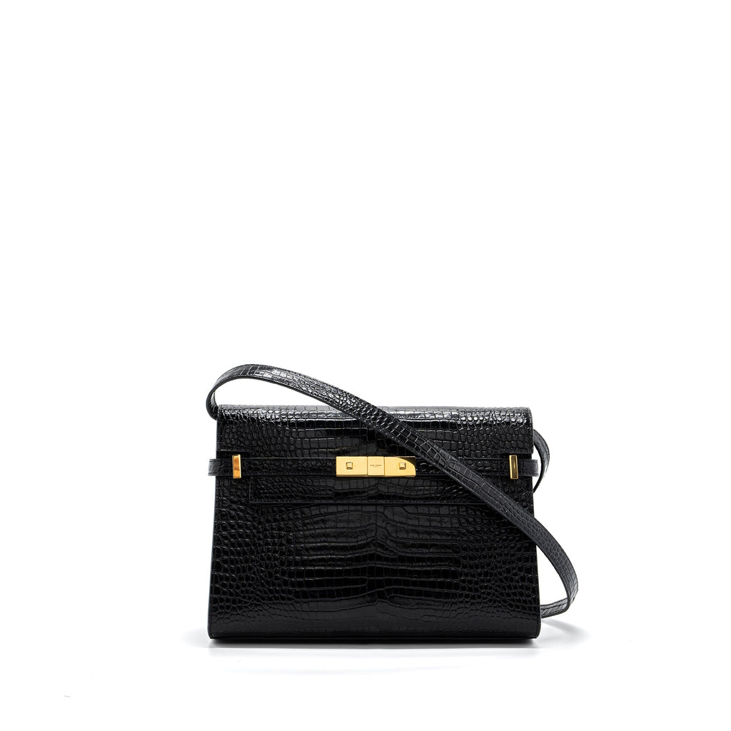SAINT LAURENT MANHATTAN SHOULDER BAG CROC-EMBOSSED CALFSKIN BLACK GHW