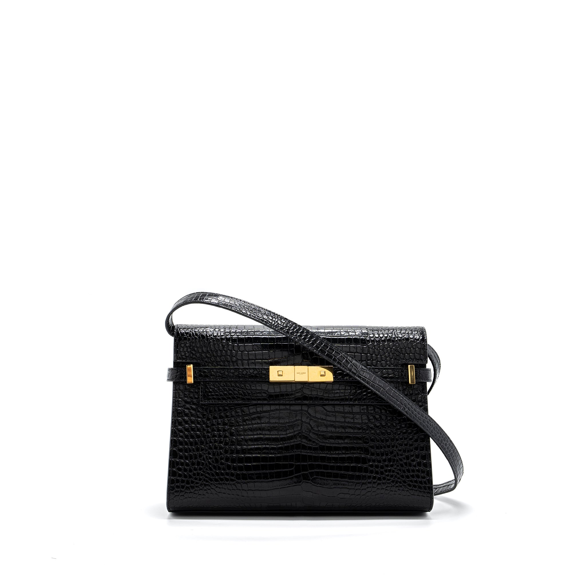 SAINT LAURENT MANHATTAN SHOULDER BAG CROC-EMBOSSED CALFSKIN BLACK GHW