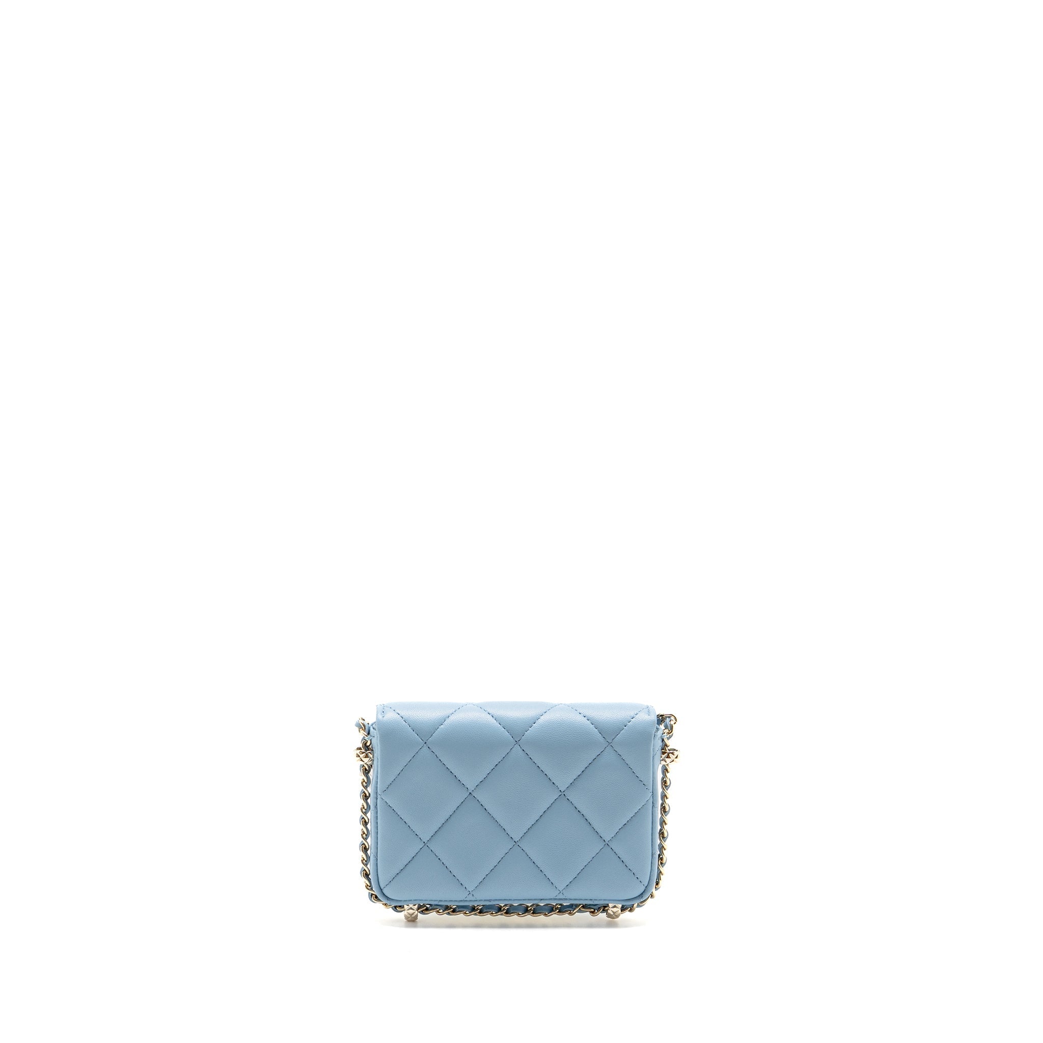 CHANEL MINI FLAP CLUTCH WITH CHAIM LAMBSKIN LIGHT BLUE LGHW