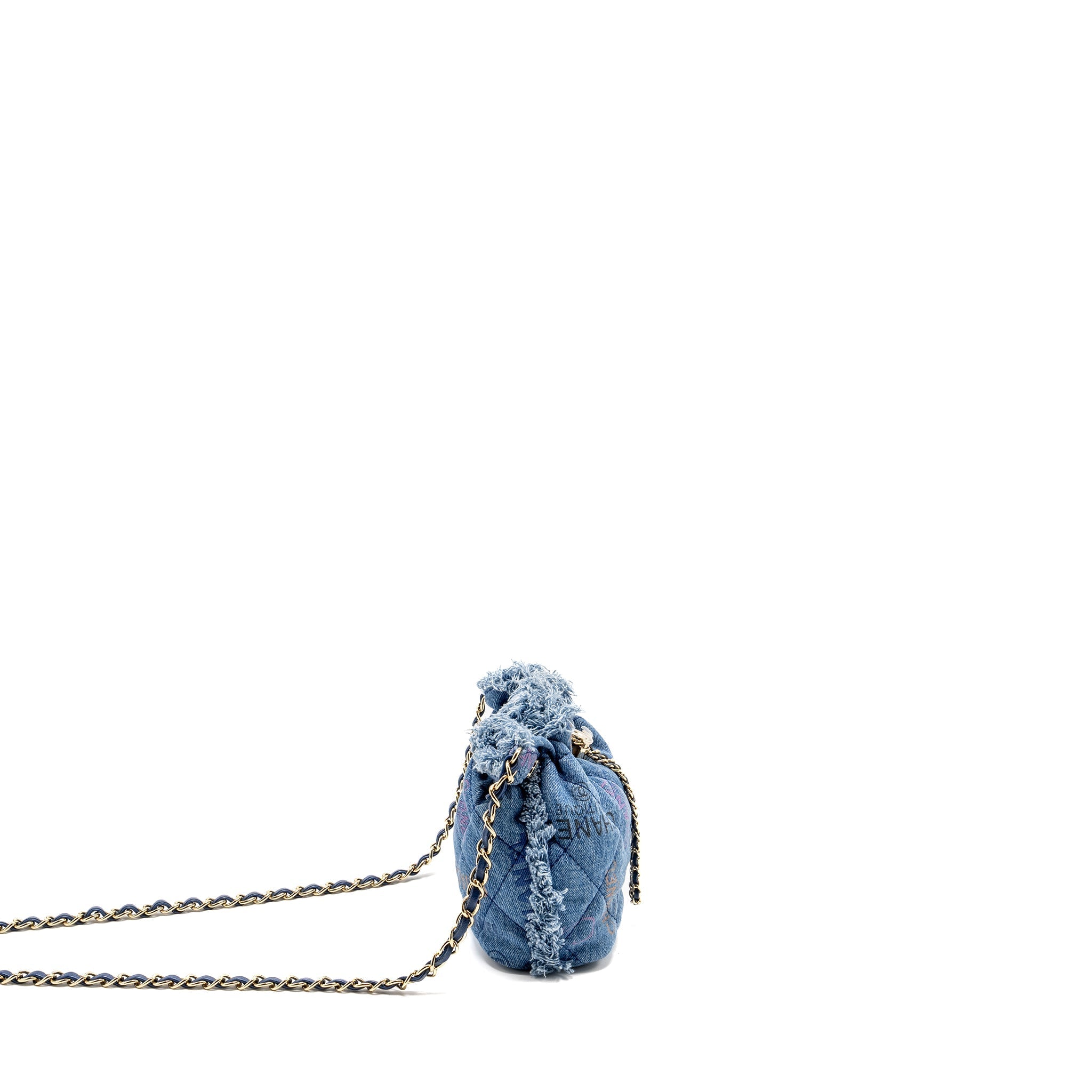 CHANEL SMALL BUCKET BAG DENIM BLUE LGHW (MICROCHIP)