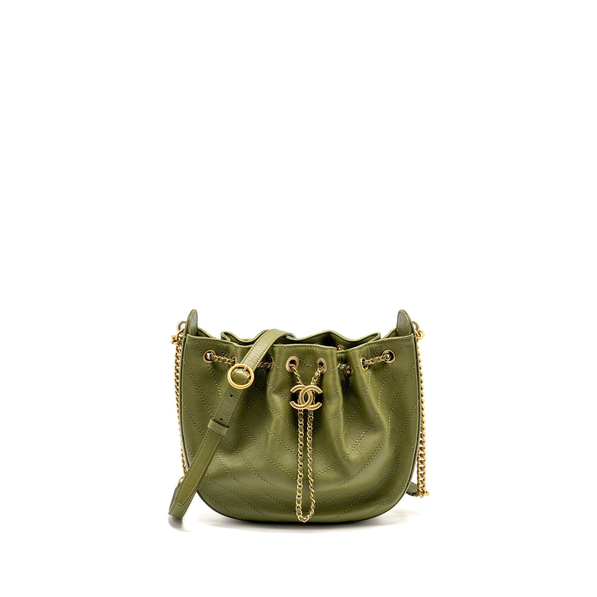 CHANEL DRAWSTRING BUCKET BAG GRAINED CALFSKIN OLIVE GREEN GHW