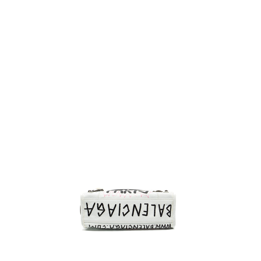 BALENCIAGA CITY GRAFFITI CLASSIC STUDS BAG LEATHER WHITE / PINK/ BLACK WITH BLACK HARDWARE