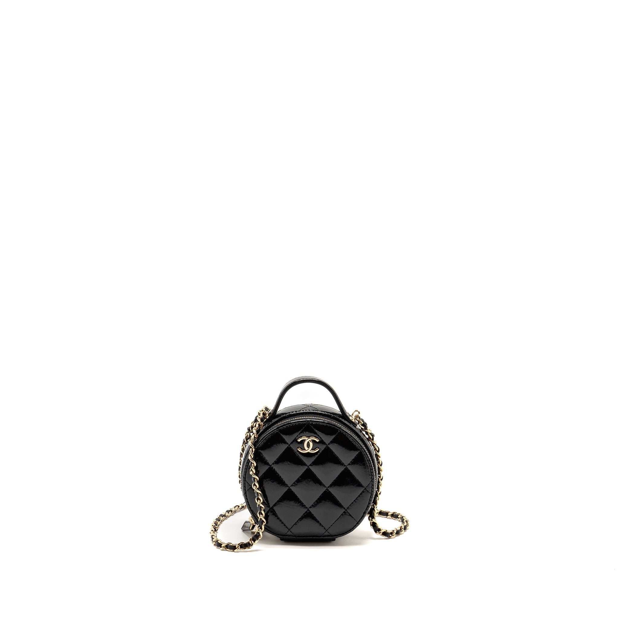 CHANEL 22B TOP HANDLE MINI ROUND VANITY CASE WITH CHAIN SHINY LAMBSKIN BLACK LGHW (MICROCHIP)