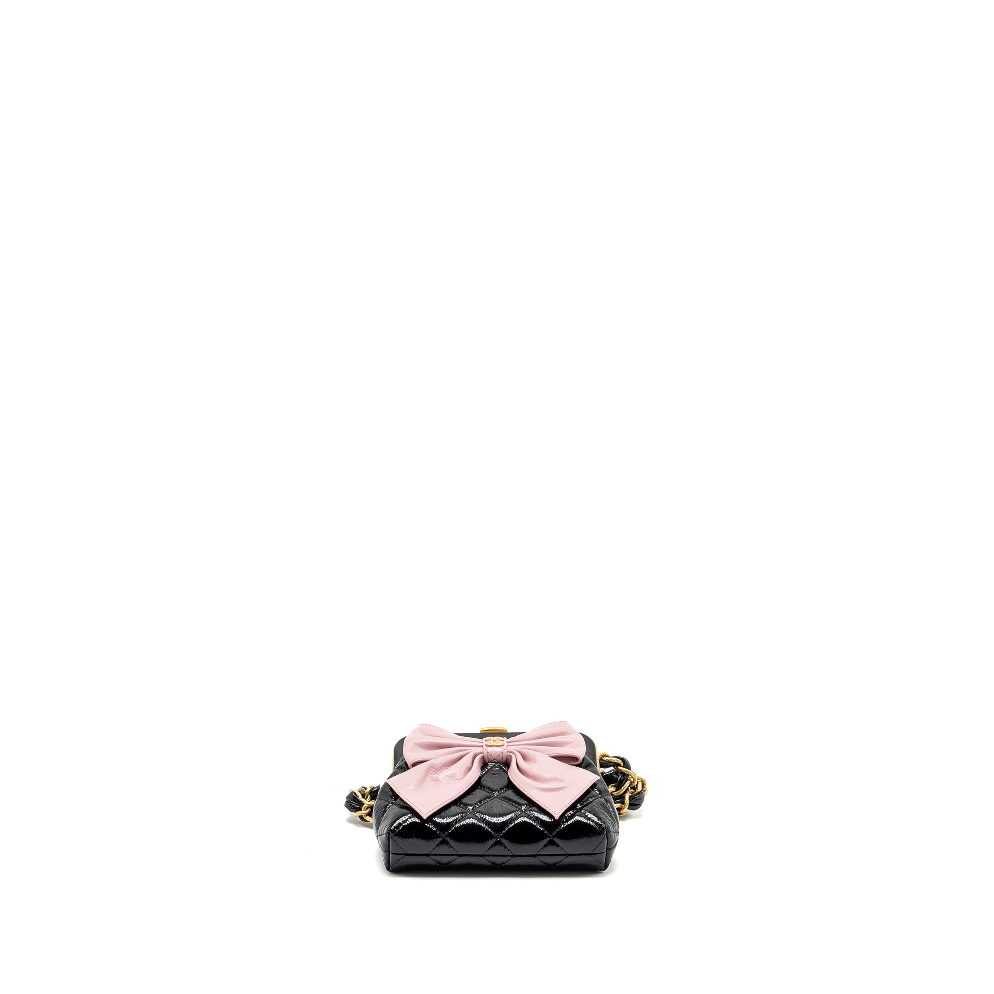 CHANEL 24A BOWKNOT CLUTCH WITH CHAIN PATENT CRUMPLED LAMBSKIN/SHINY LAMBSKIN BLACK/PINK GHW (MICROCHIP)