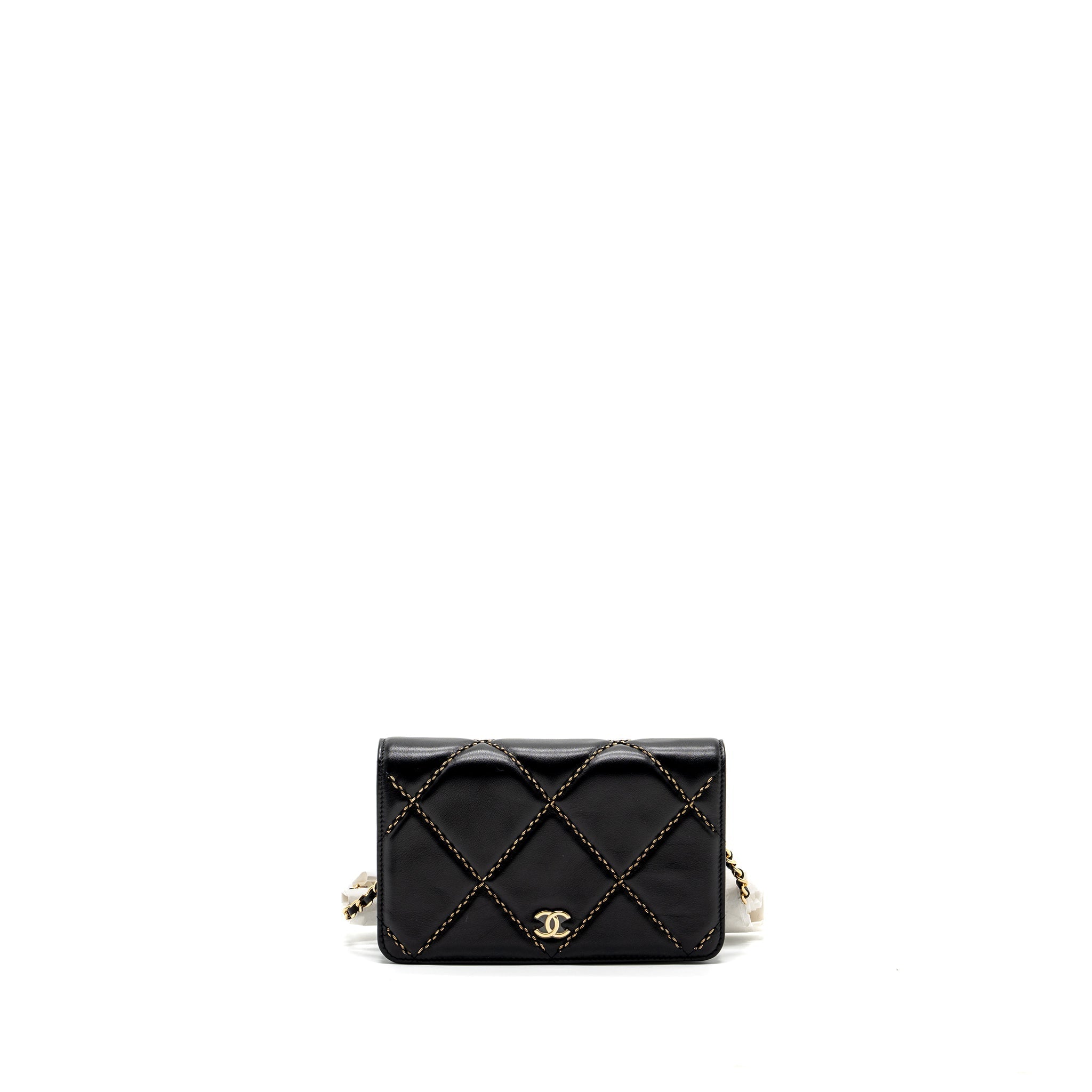CHANEL QUILTED WALLET ON CHAIN SHINY CALFSKIN BLACK GHW (MICROCHIP)