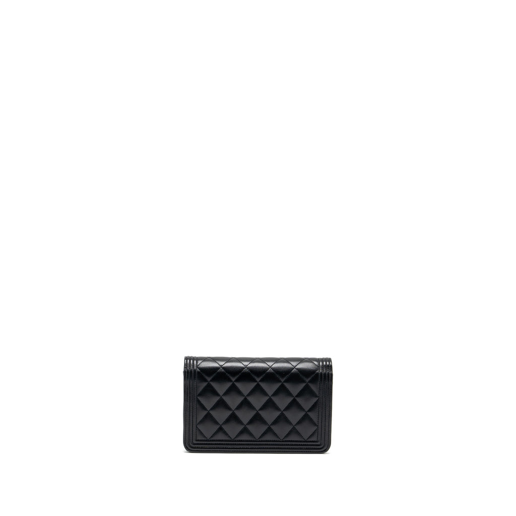 CHANEL BOY WALLET ON CHAIN LAMBSKIN BLACK BRUSHED GHW