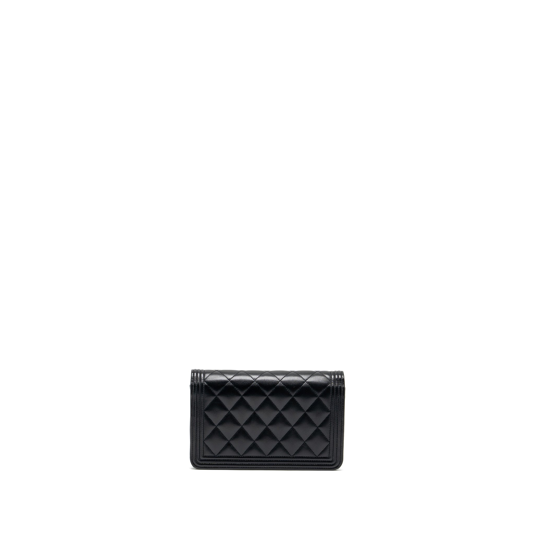 CHANEL BOY WALLET ON CHAIN LAMBSKIN BLACK BRUSHED GHW
