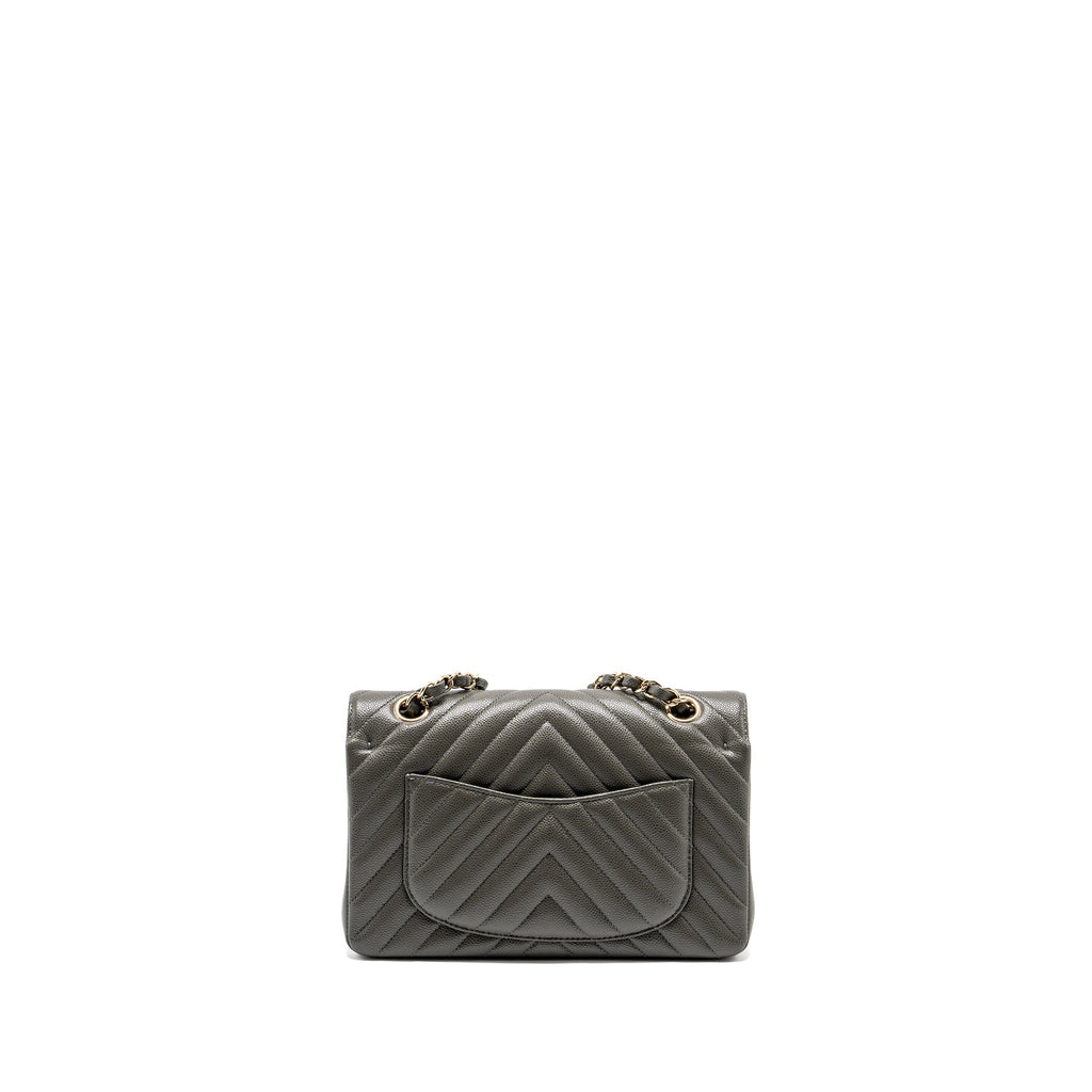 CHANEL SMALL CLASSIC DOUBLE FLAP BAG CHEVRON CAVIAR DARK GREY LGHW