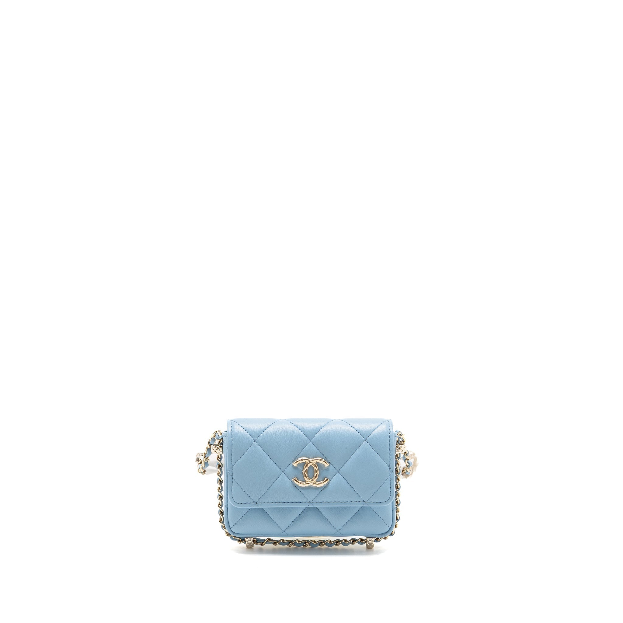 CHANEL MINI FLAP CLUTCH WITH CHAIM LAMBSKIN LIGHT BLUE LGHW