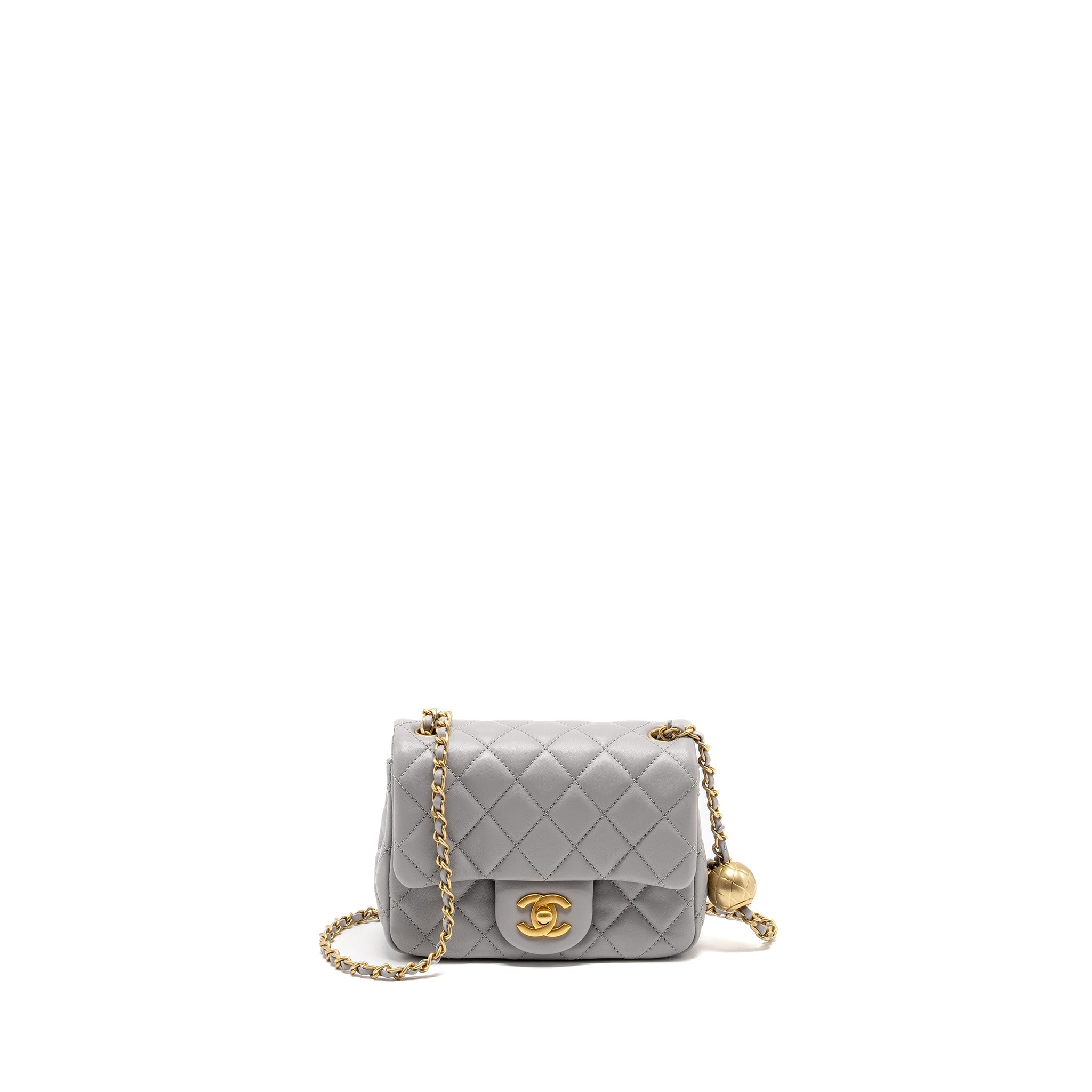 CHANEL PEARL CRUSH MINI SQUARE FLAP BAG LAMBSKIN LIGHT GREY GHW (MICROCHIP)