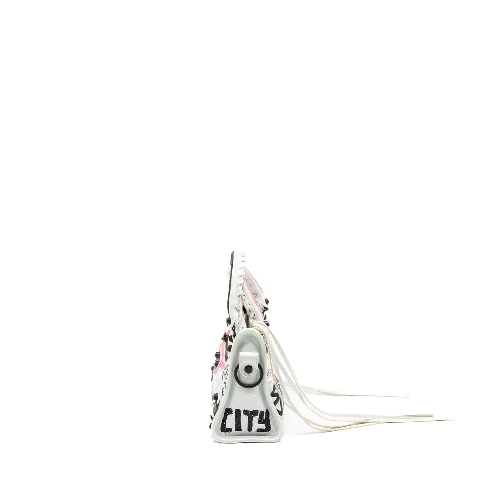 BALENCIAGA CITY GRAFFITI CLASSIC STUDS BAG LEATHER WHITE / PINK/ BLACK WITH BLACK HARDWARE