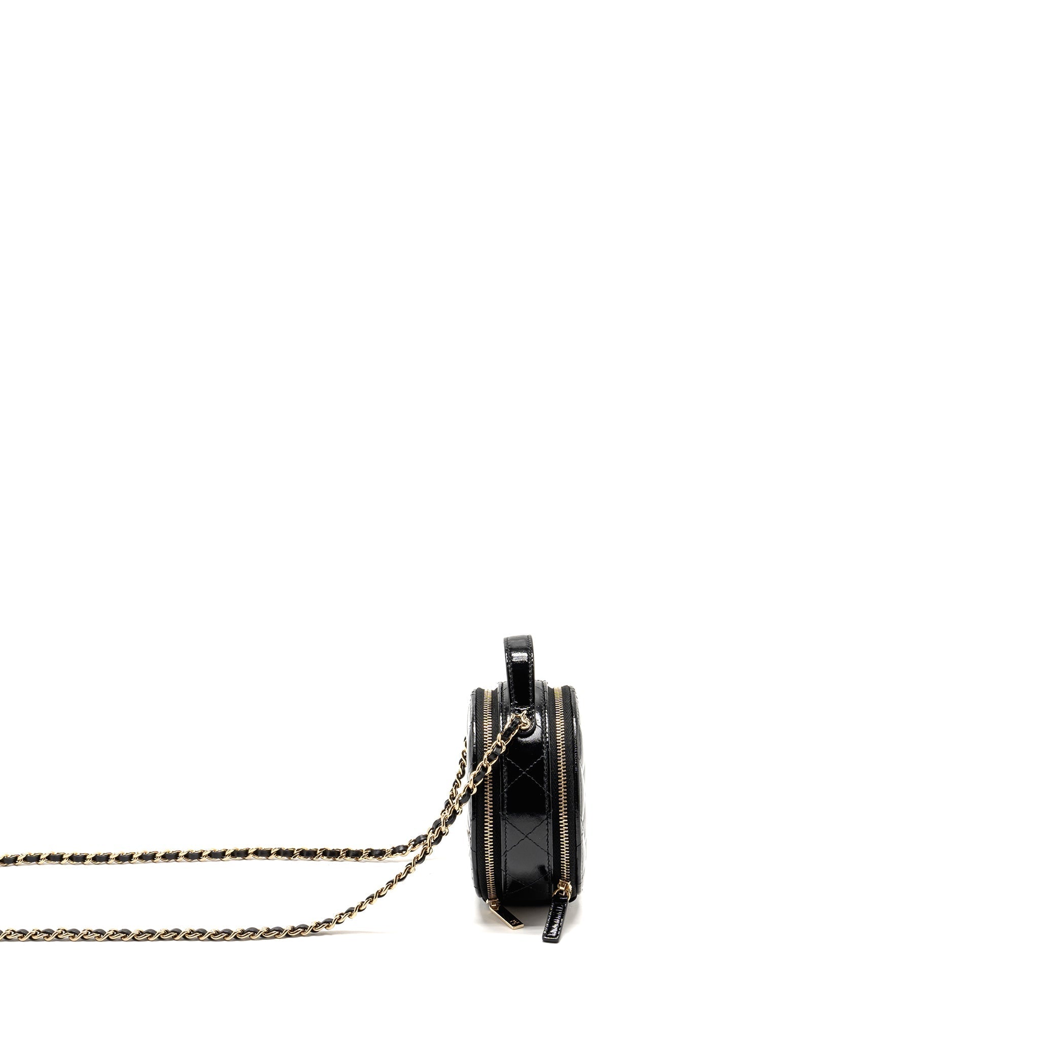CHANEL 22B TOP HANDLE MINI ROUND VANITY CASE WITH CHAIN SHINY LAMBSKIN BLACK LGHW (MICROCHIP)