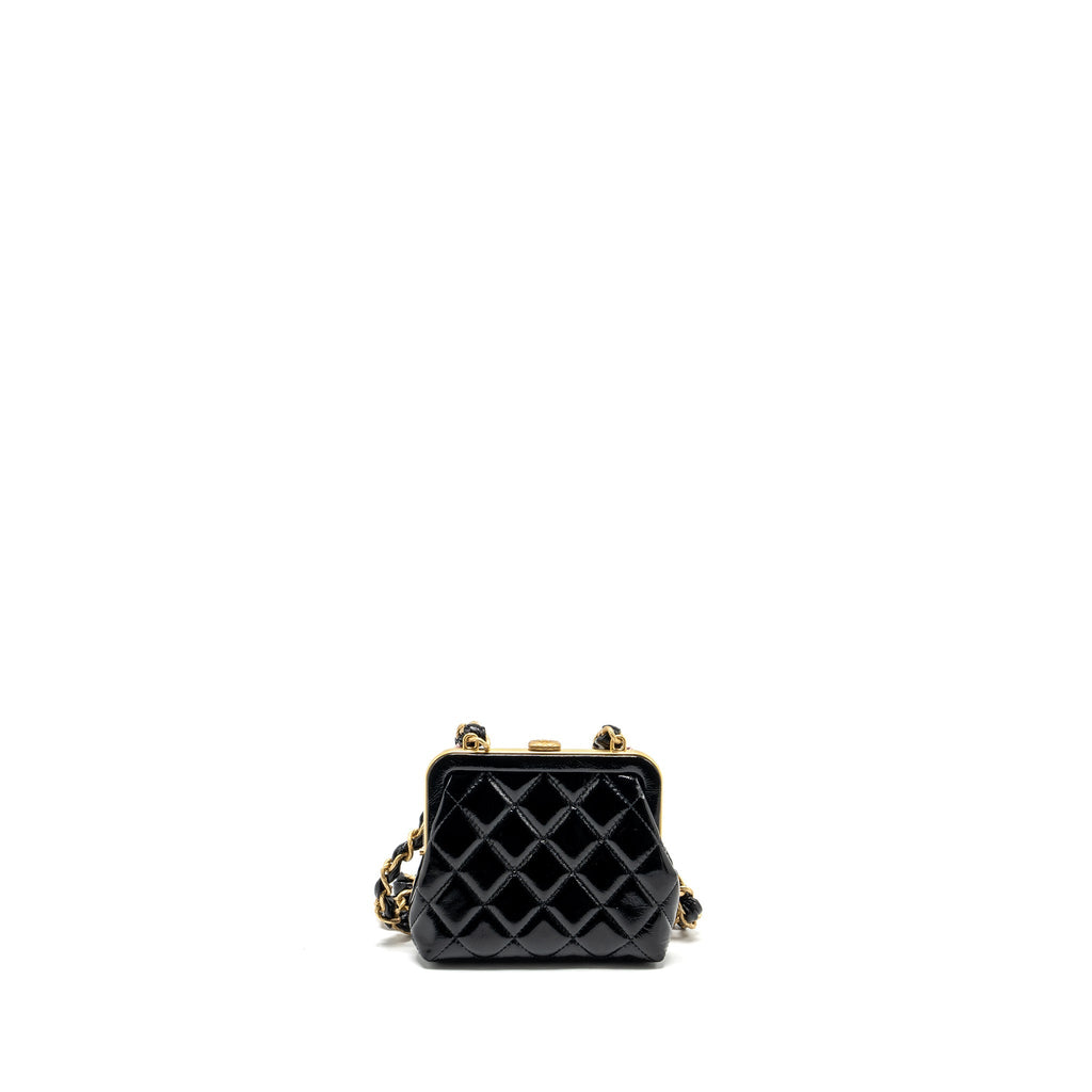 CHANEL 24A BOWKNOT CLUTCH WITH CHAIN PATENT CRUMPLED LAMBSKIN/SHINY LAMBSKIN BLACK/PINK GHW (MICROCHIP)