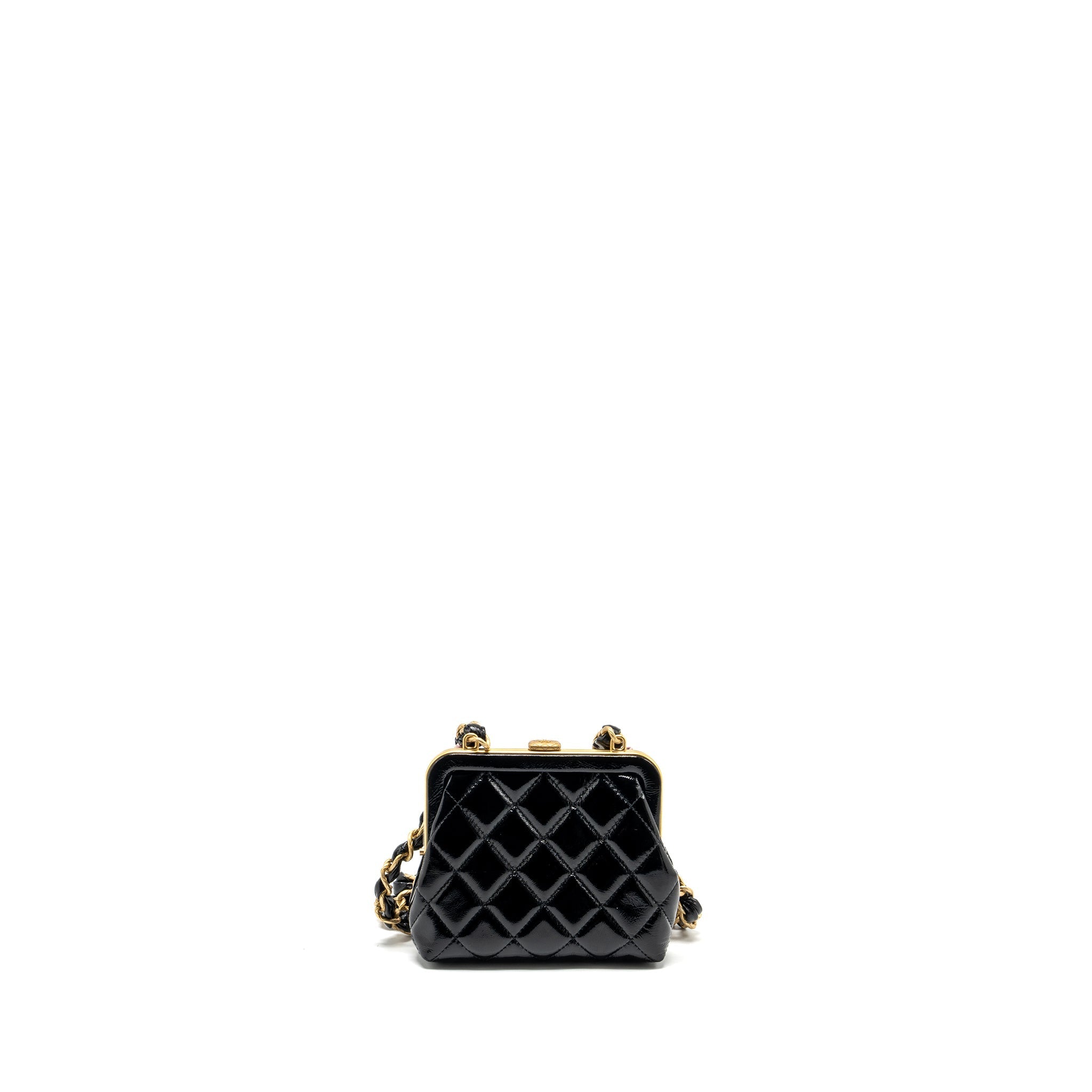 CHANEL 24A BOWKNOT CLUTCH WITH CHAIN PATENT CRUMPLED LAMBSKIN/SHINY LAMBSKIN BLACK/PINK GHW (MICROCHIP)