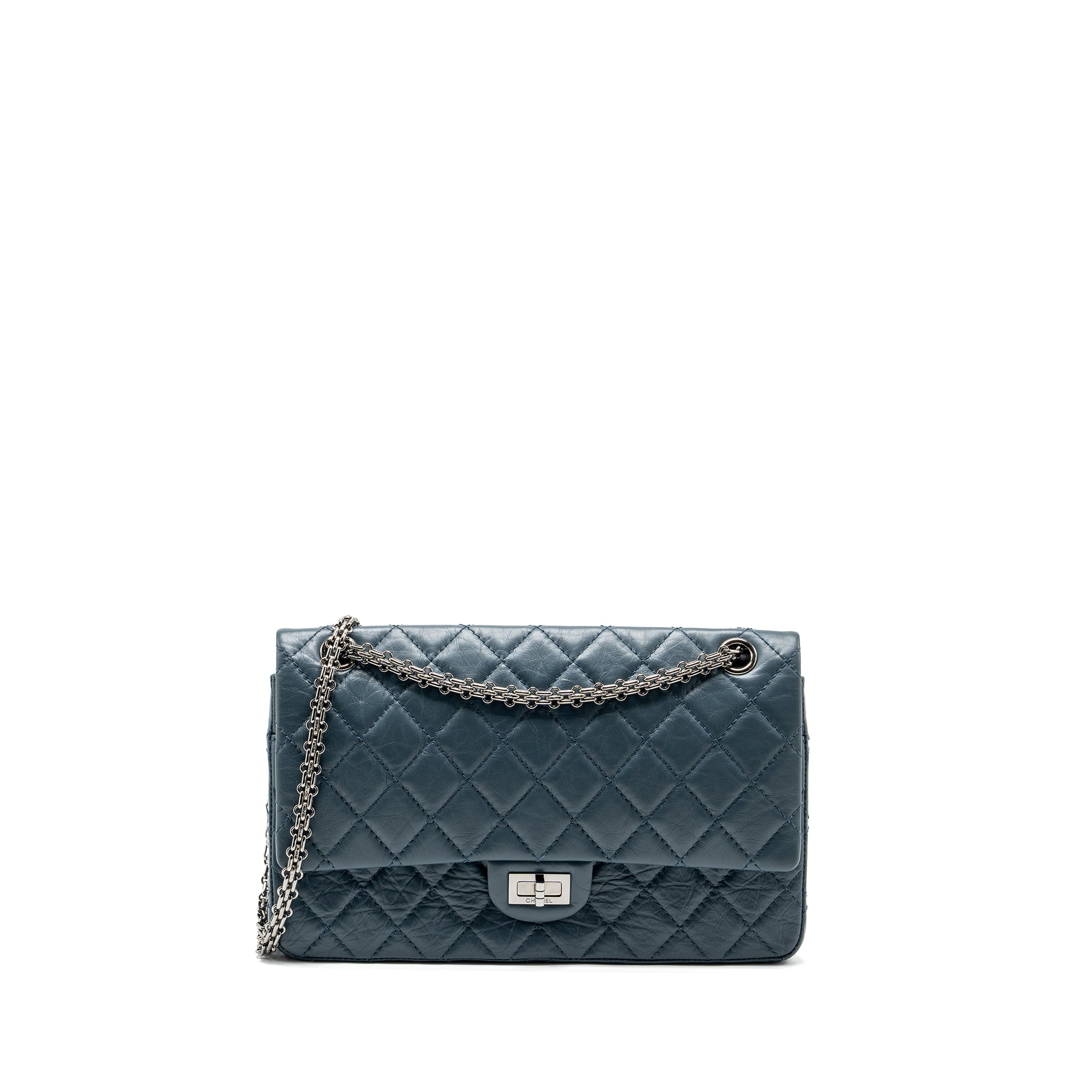 CHANEL LARGE 2.55 REISSUE FLAP BAG AGED CALFSKIN PETROL BLUE RUTHENIUM HARDWARE