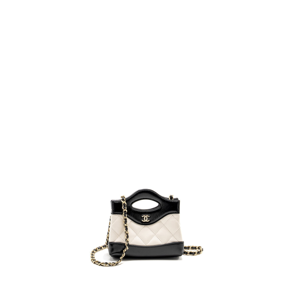 CHANEL 31 NANO CLUTCH WITH CHAIN SHINY LAMBSKIN WHITE/BLACK LGHW (MICROCHIP)