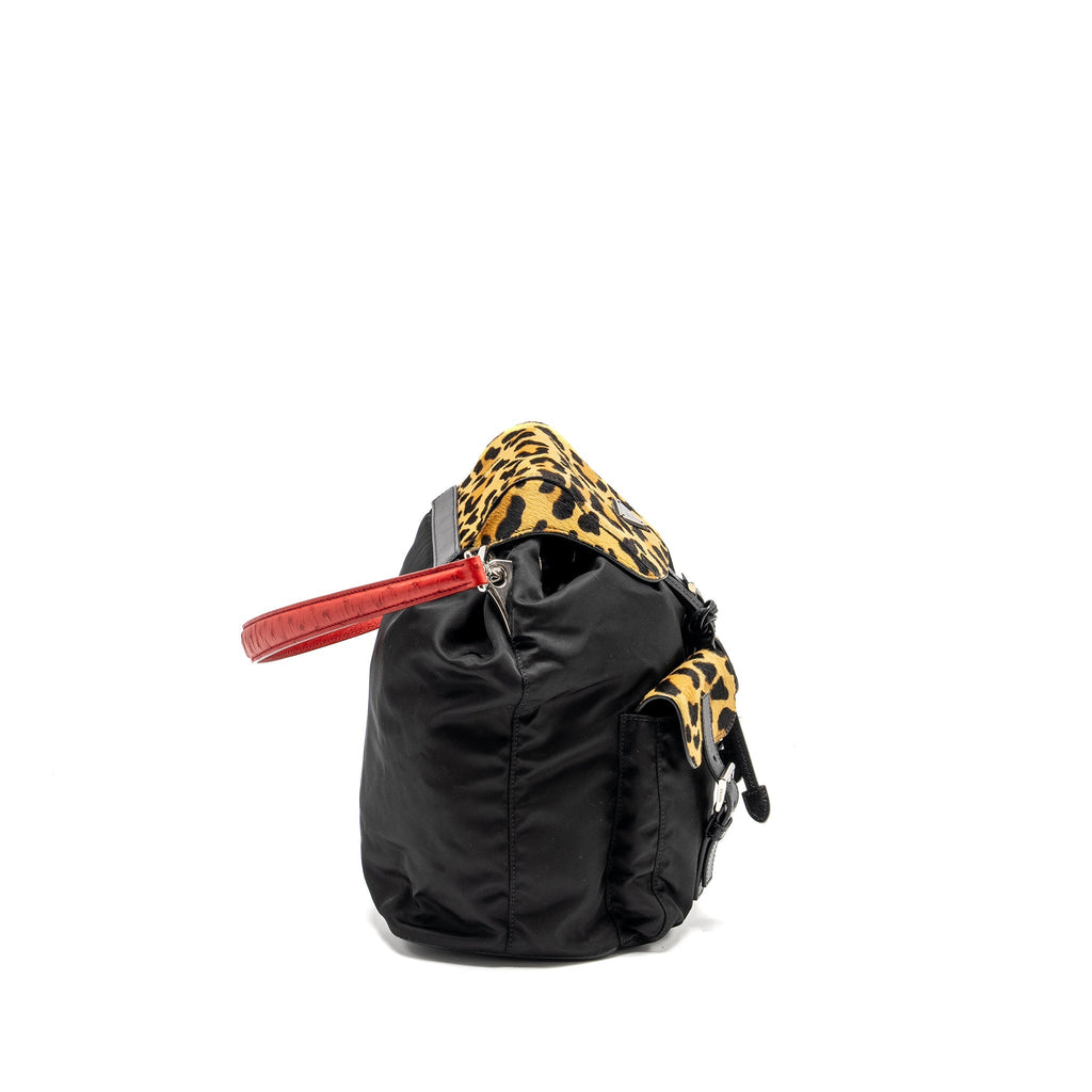 PRADA NYLON SHOULDER BAG WITH OSTRICH HANDLE BLACK / MULTICOLOUR SHW