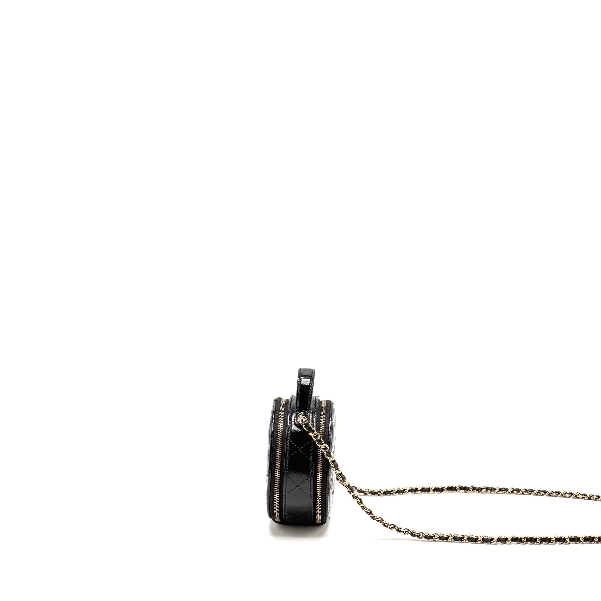 CHANEL 22B TOP HANDLE MINI ROUND VANITY CASE WITH CHAIN SHINY LAMBSKIN BLACK LGHW (MICROCHIP)