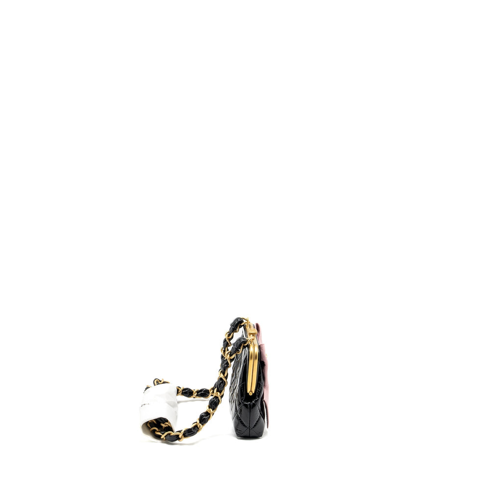 CHANEL 24A BOWKNOT CLUTCH WITH CHAIN PATENT CRUMPLED LAMBSKIN/SHINY LAMBSKIN BLACK/PINK GHW (MICROCHIP)