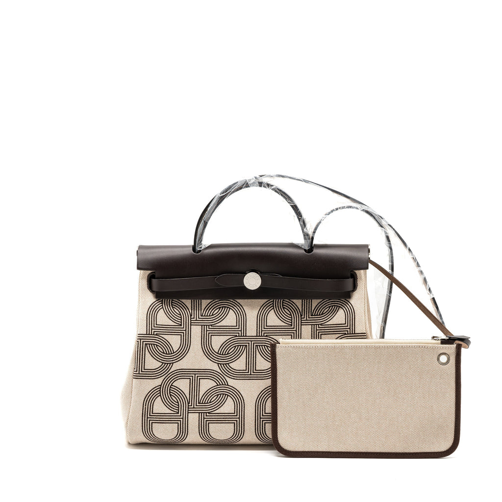 HERMES HERBAG 31 ZIP BAG TOILE H PLUME HUNTER/ CANVAS EBENE/ ECRU/ BEIGE/ EBENE SHW