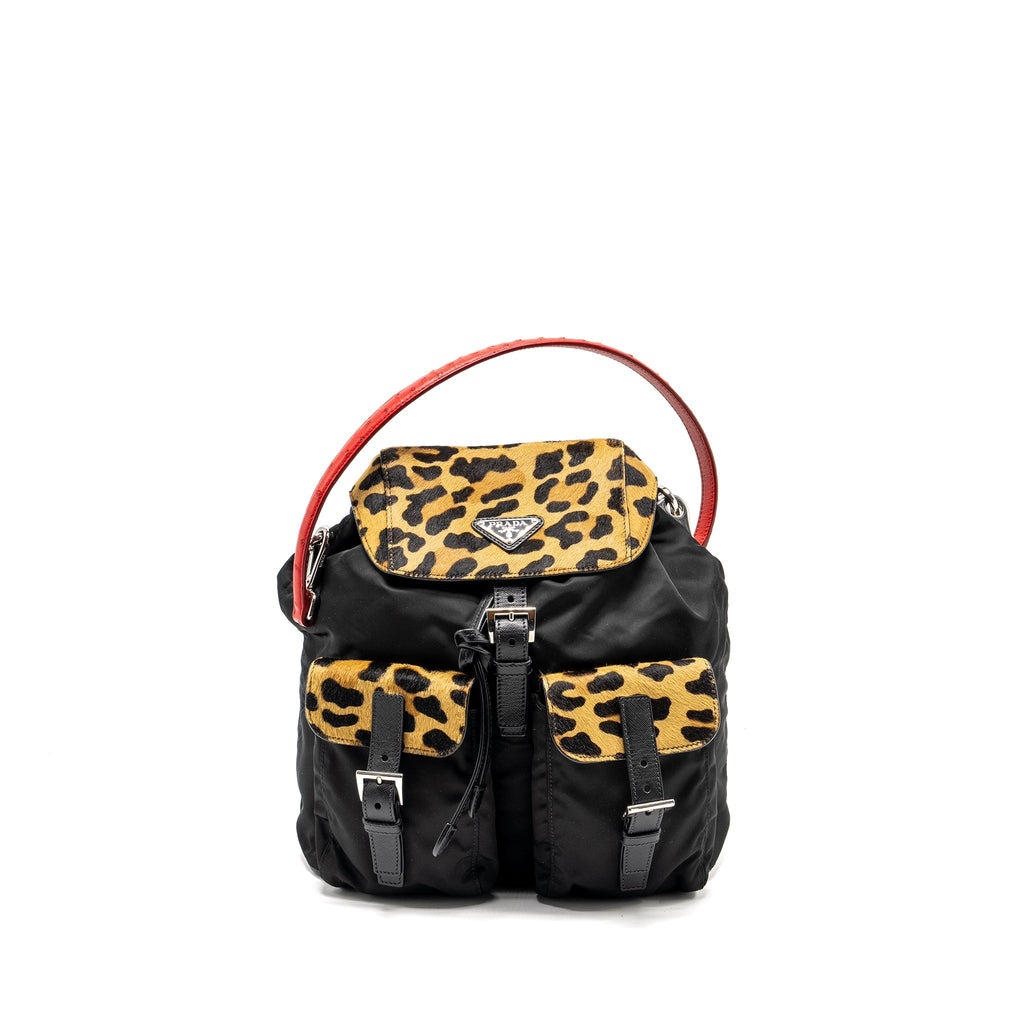 PRADA NYLON SHOULDER BAG WITH OSTRICH HANDLE BLACK / MULTICOLOUR SHW