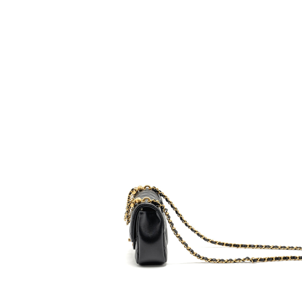 CHANEL 24P PEARL CHAIN MINI FLAP BAG LAMBSKIN BLACK GHW (MICROCHIP)
