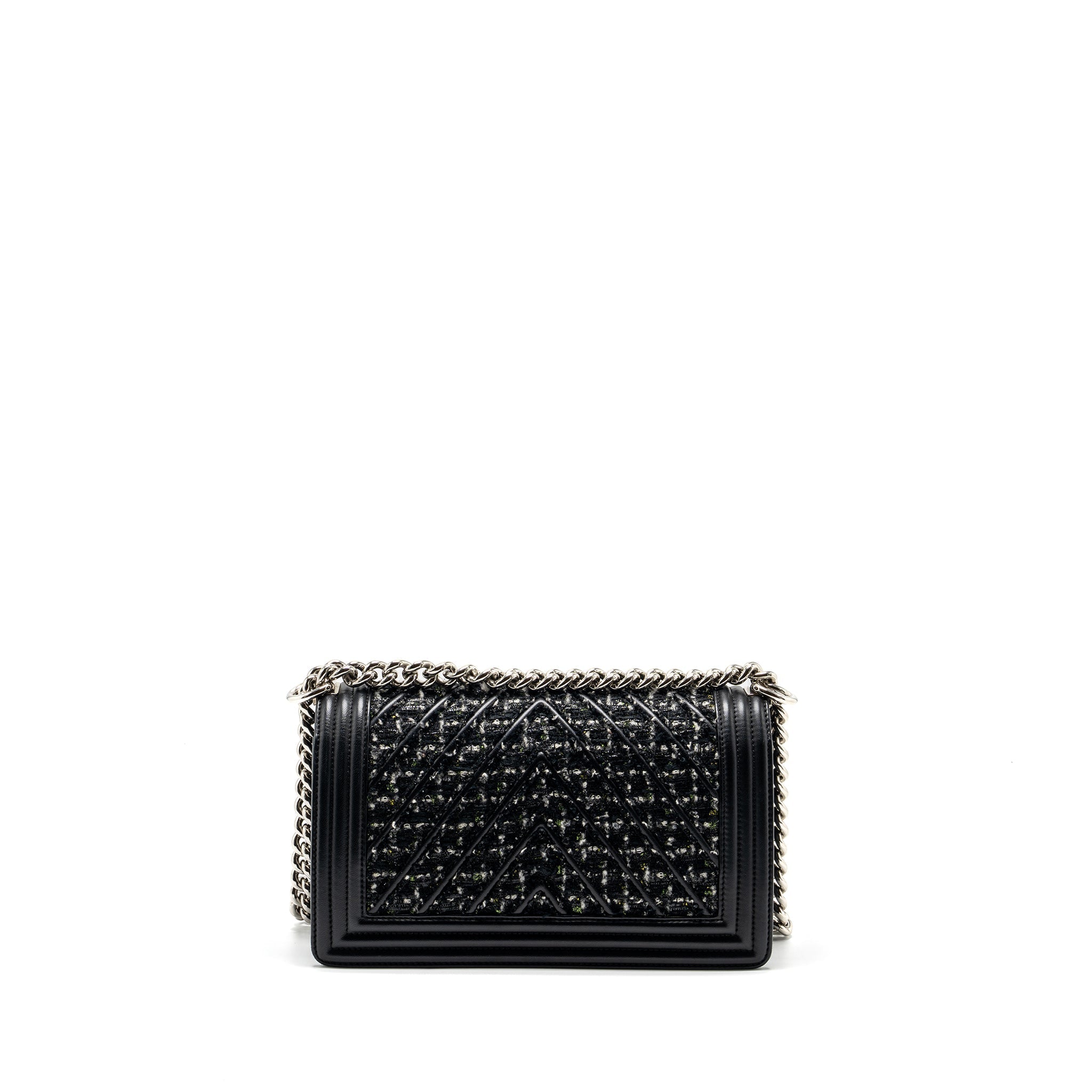 CHANEL MEDIUM BOY BAG TWEED/CALFSKIN BLACK/MULTICOLOUR SHW