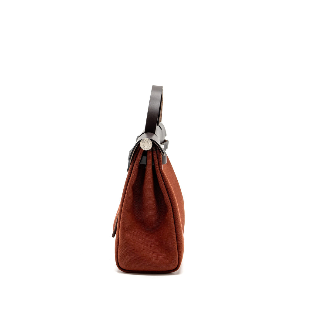 HERMES HERBAG ZIP 31 BAG CANVAS/ HUNTER LEATHER ROUGE H / EBENE SHW