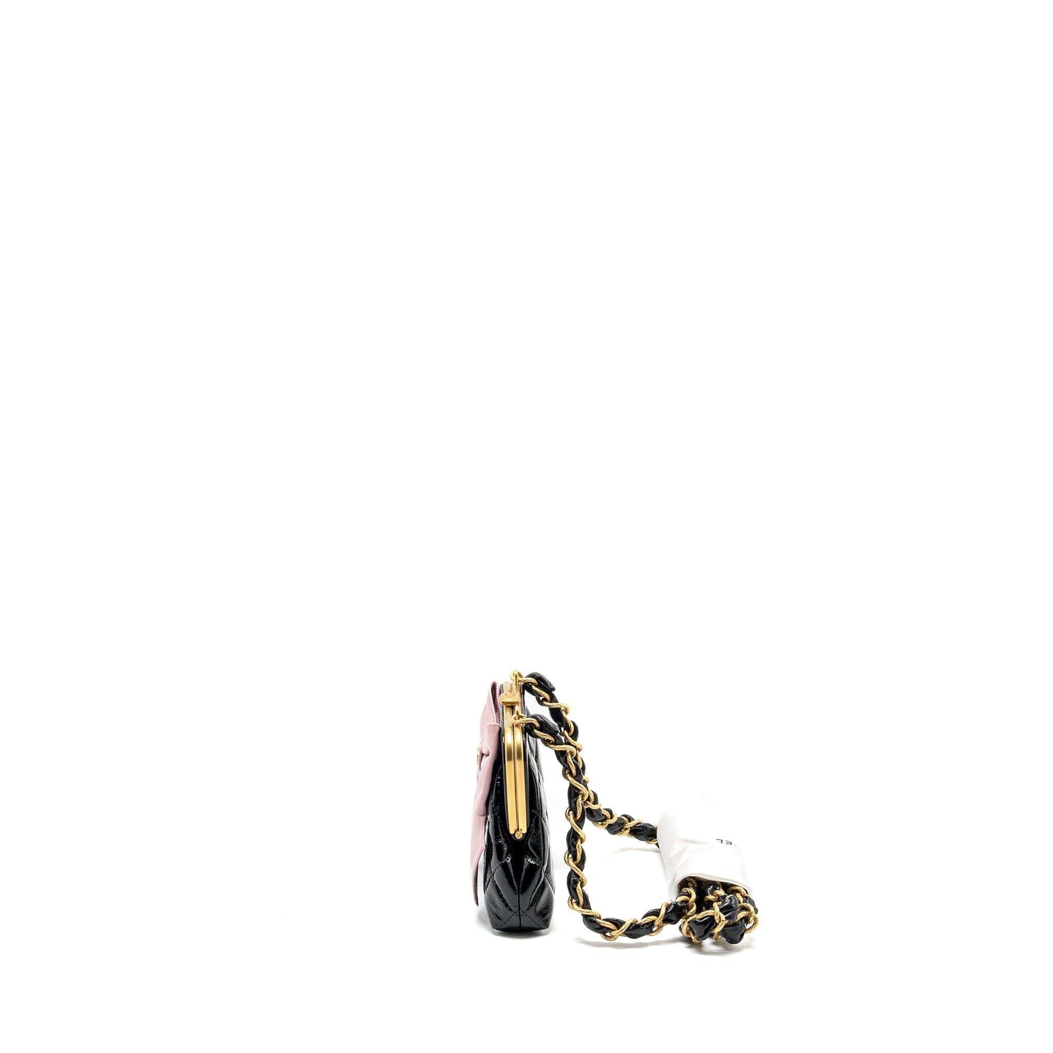 CHANEL 24A BOWKNOT CLUTCH WITH CHAIN PATENT CRUMPLED LAMBSKIN/SHINY LAMBSKIN BLACK/PINK GHW (MICROCHIP)