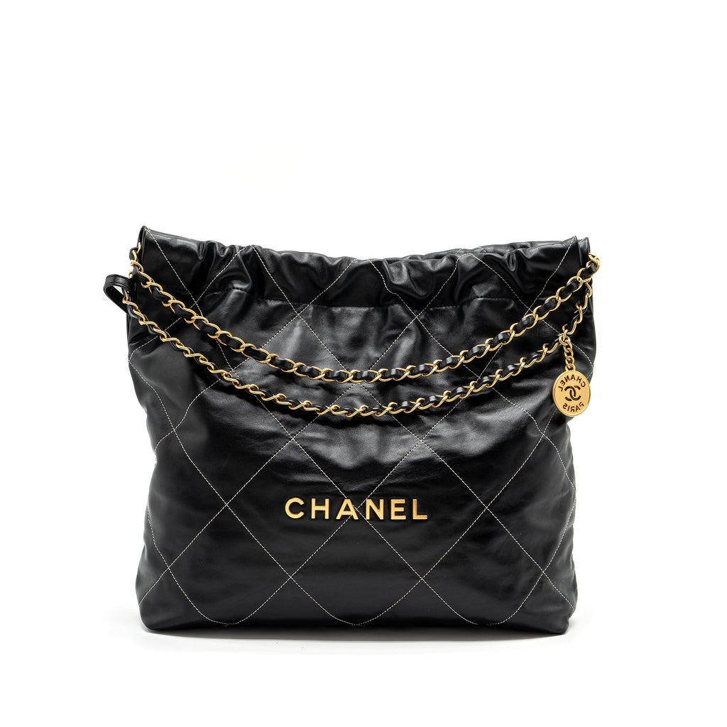 CHANEL MEDIUM 22 BAG SHINY CALFSKIN BLACK WITH WHITE STITCHING GOLD LETTER GHW (MICROCHIP)