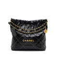 CHANEL MEDIUM 22 BAG SHINY CALFSKIN BLACK WITH WHITE STITCHING GOLD LETTER GHW (MICROCHIP)