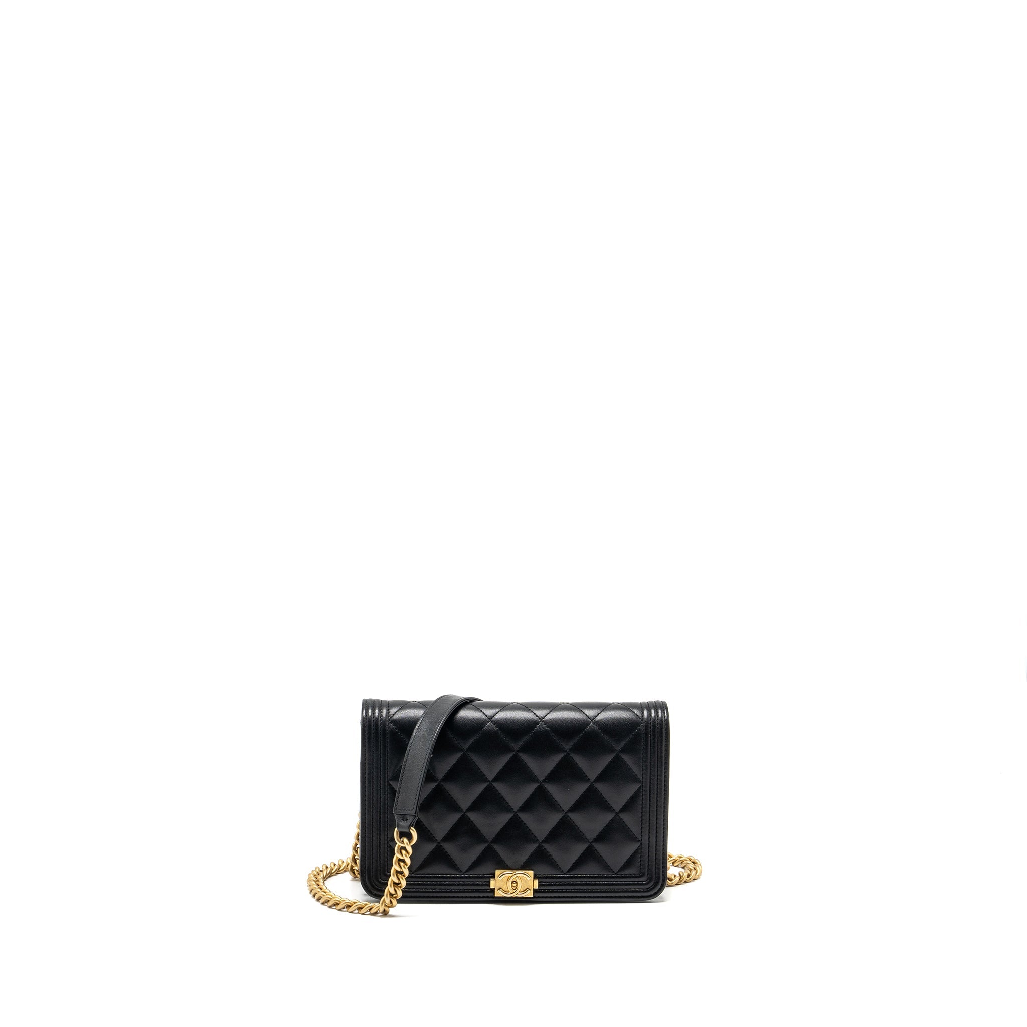 CHANEL BOY WALLET ON CHAIN LAMBSKIN BLACK BRUSHED GHW