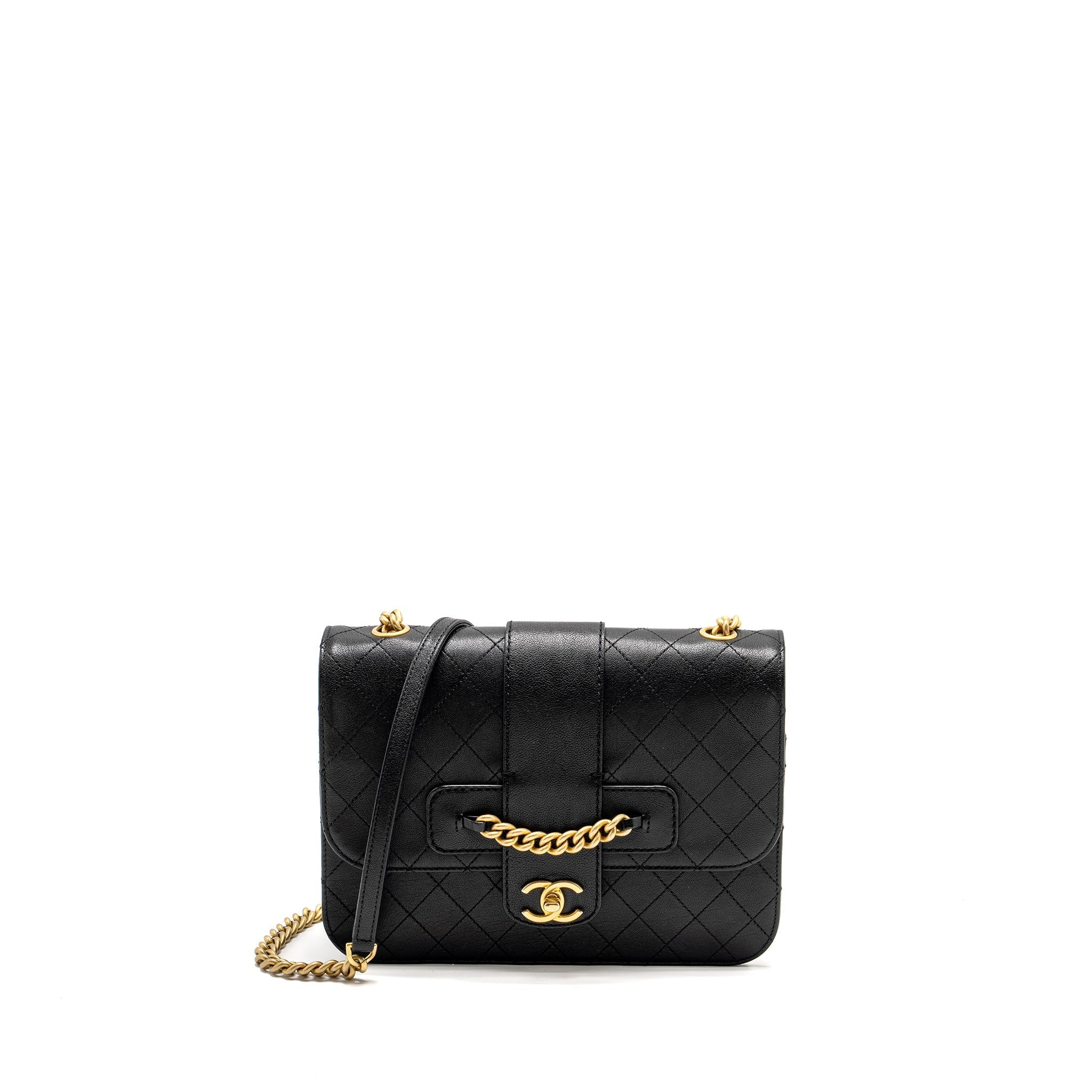 CHANEL GRAPHIC CHIC FRONT CHAIN QUILTED FLAP BAG SHEEPSKIN BLACK GHW