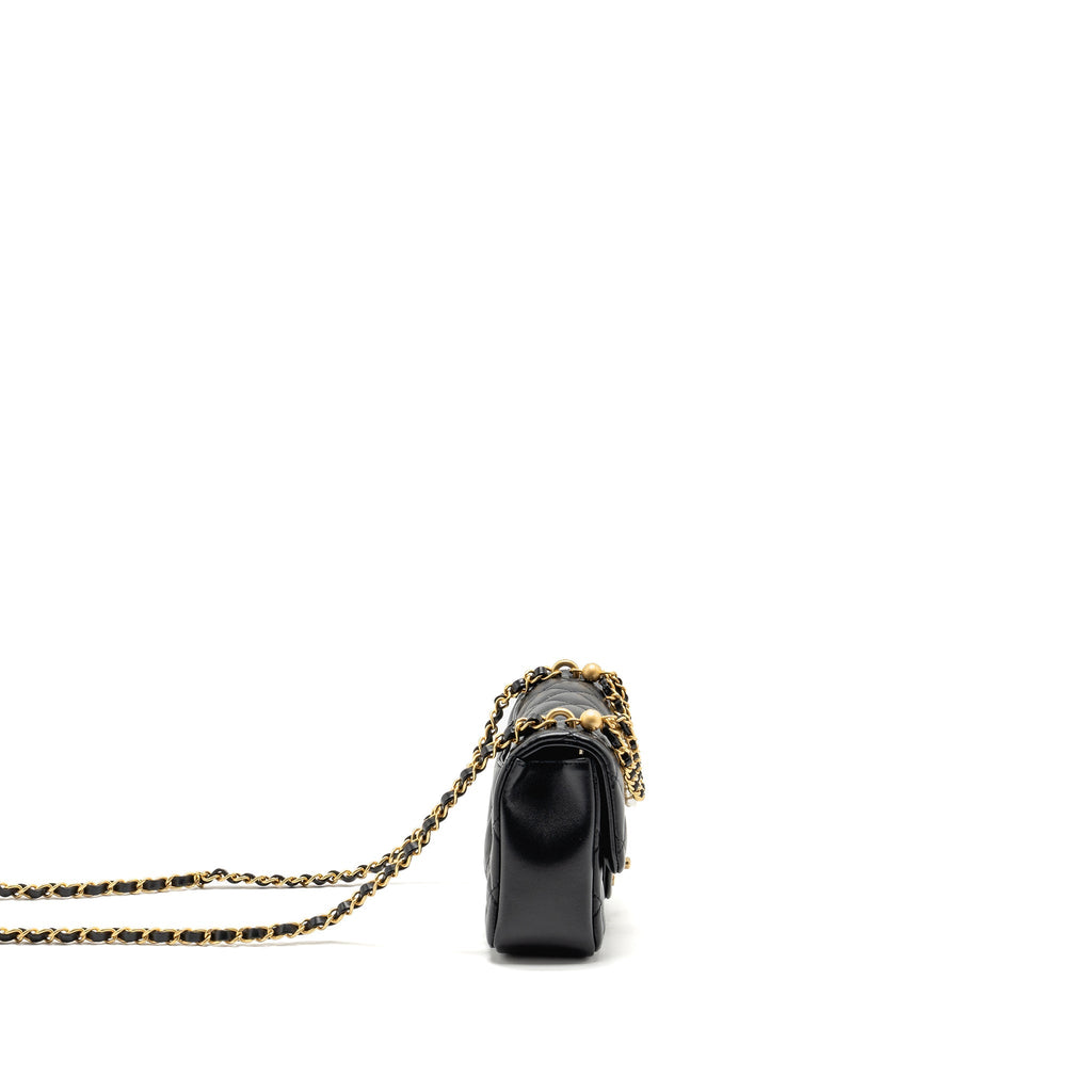 CHANEL 24P PEARL CHAIN MINI FLAP BAG LAMBSKIN BLACK GHW (MICROCHIP)