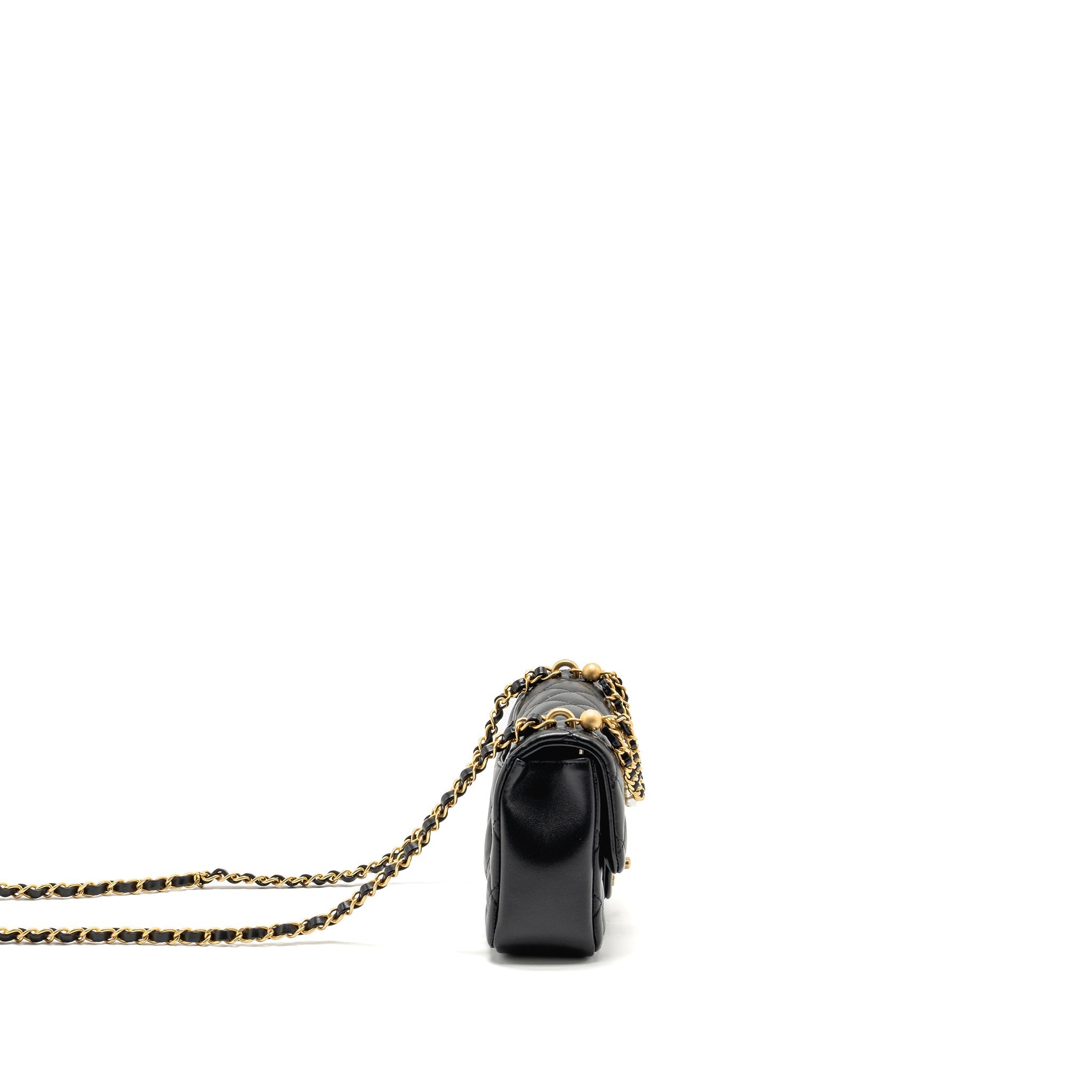 CHANEL 24P PEARL CHAIN MINI FLAP BAG LAMBSKIN BLACK GHW (MICROCHIP)