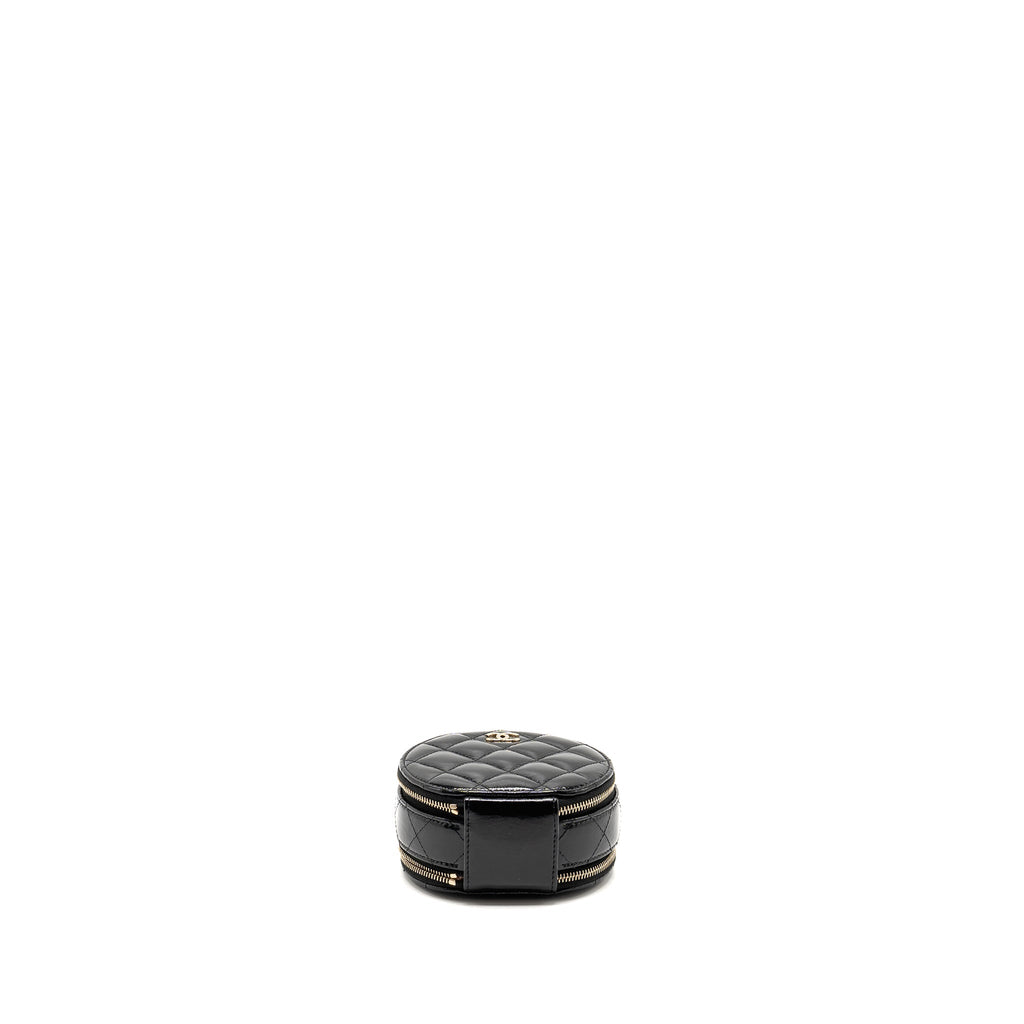 CHANEL 22B TOP HANDLE MINI ROUND VANITY CASE WITH CHAIN SHINY LAMBSKIN BLACK LGHW (MICROCHIP)