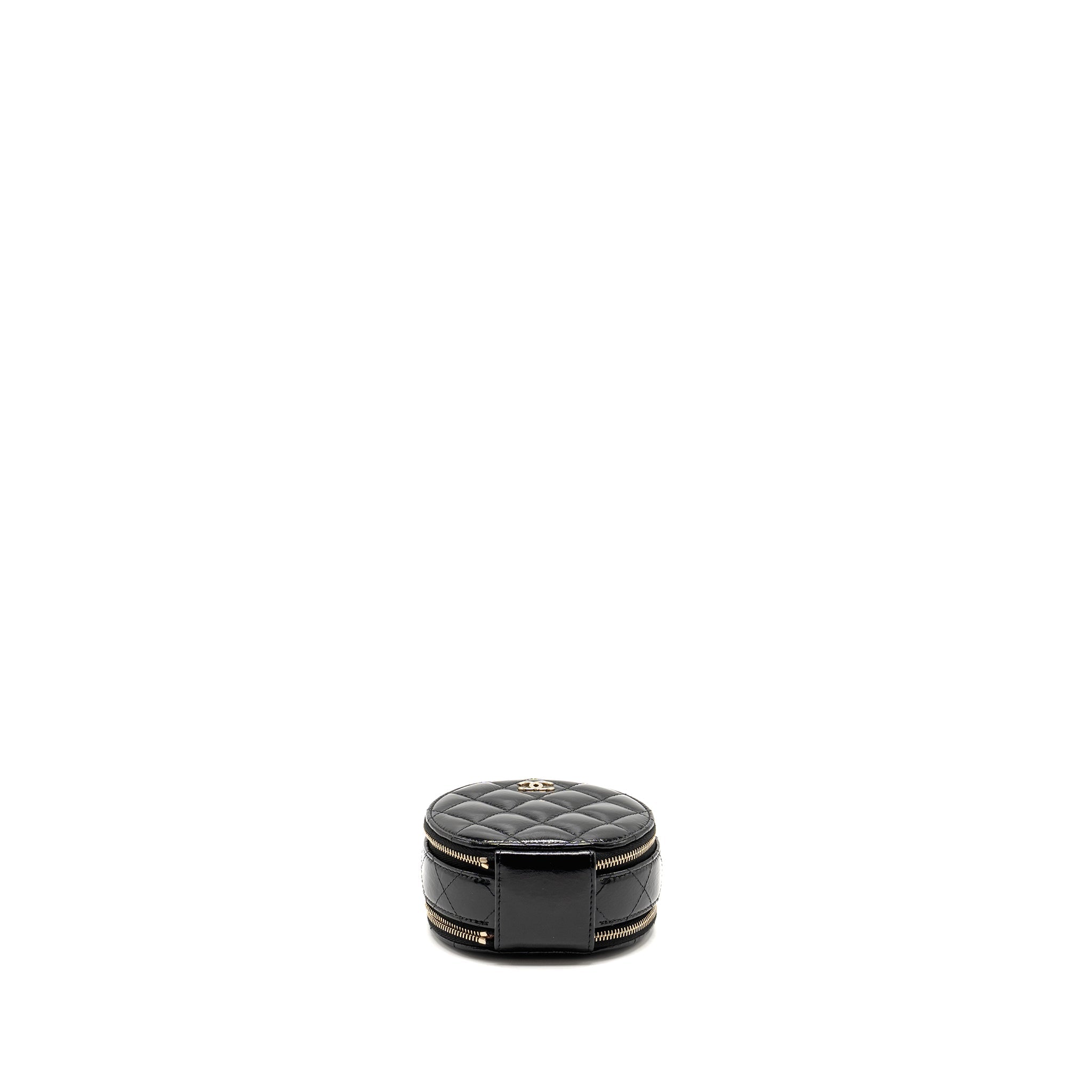 CHANEL 22B TOP HANDLE MINI ROUND VANITY CASE WITH CHAIN SHINY LAMBSKIN BLACK LGHW (MICROCHIP)