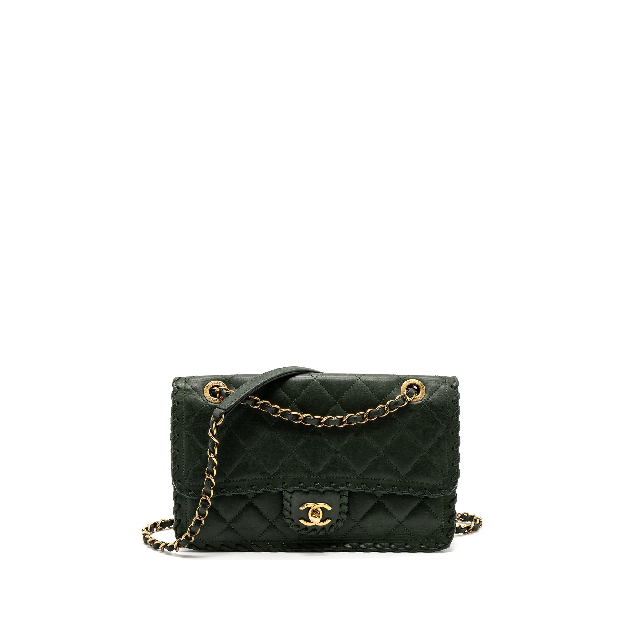 CHANEL QUILTED FLAP BAG CALFSKIN GREEN RUTHENIUM GHW