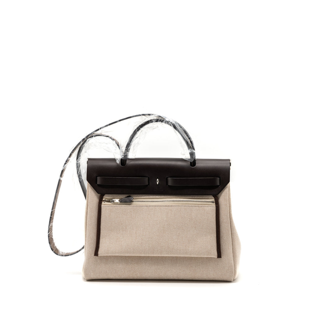 HERMES HERBAG 31 ZIP BAG TOILE H PLUME HUNTER/ CANVAS EBENE/ ECRU/ BEIGE/ EBENE SHW
