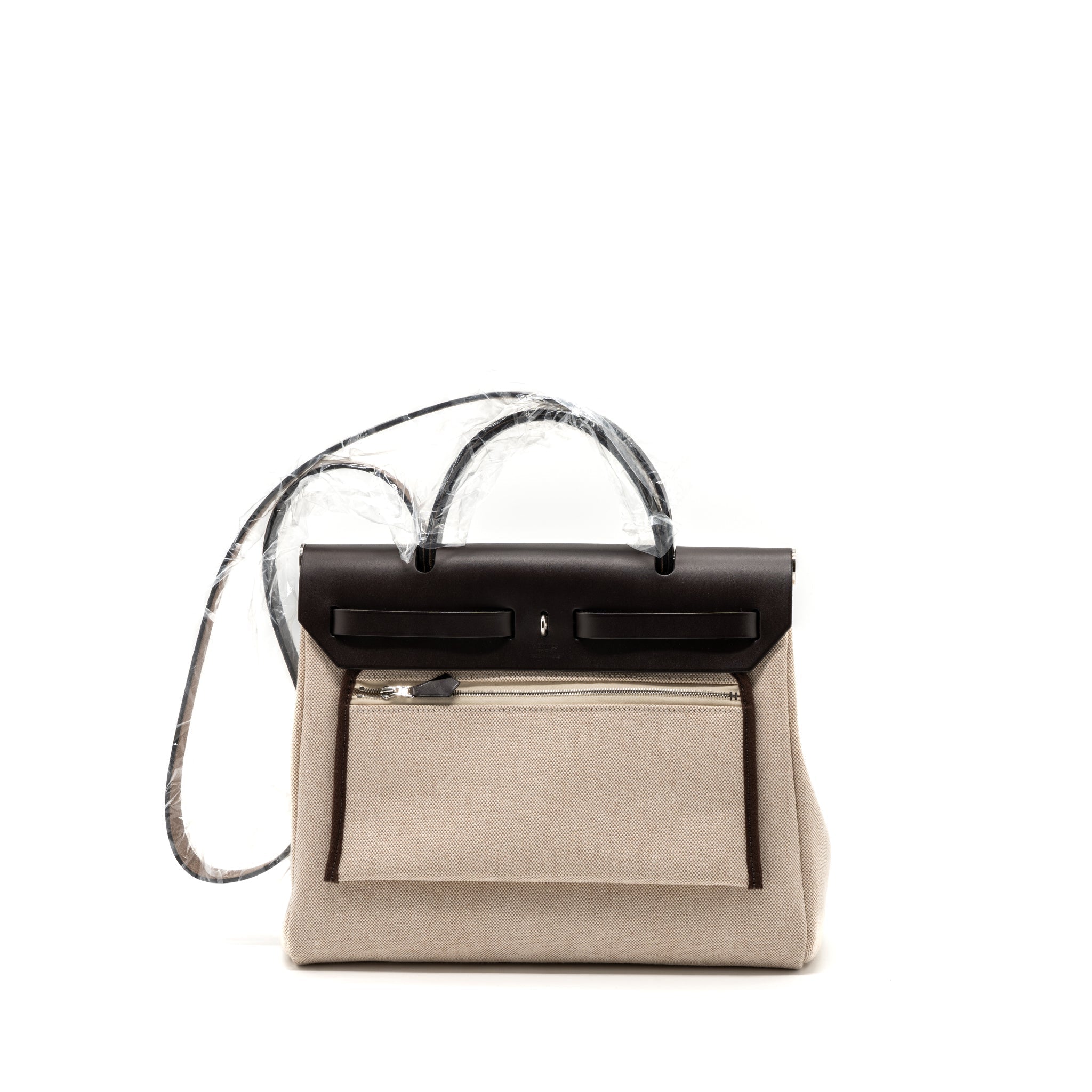 HERMES HERBAG 31 ZIP BAG TOILE H PLUME HUNTER/ CANVAS EBENE/ ECRU/ BEIGE/ EBENE SHW