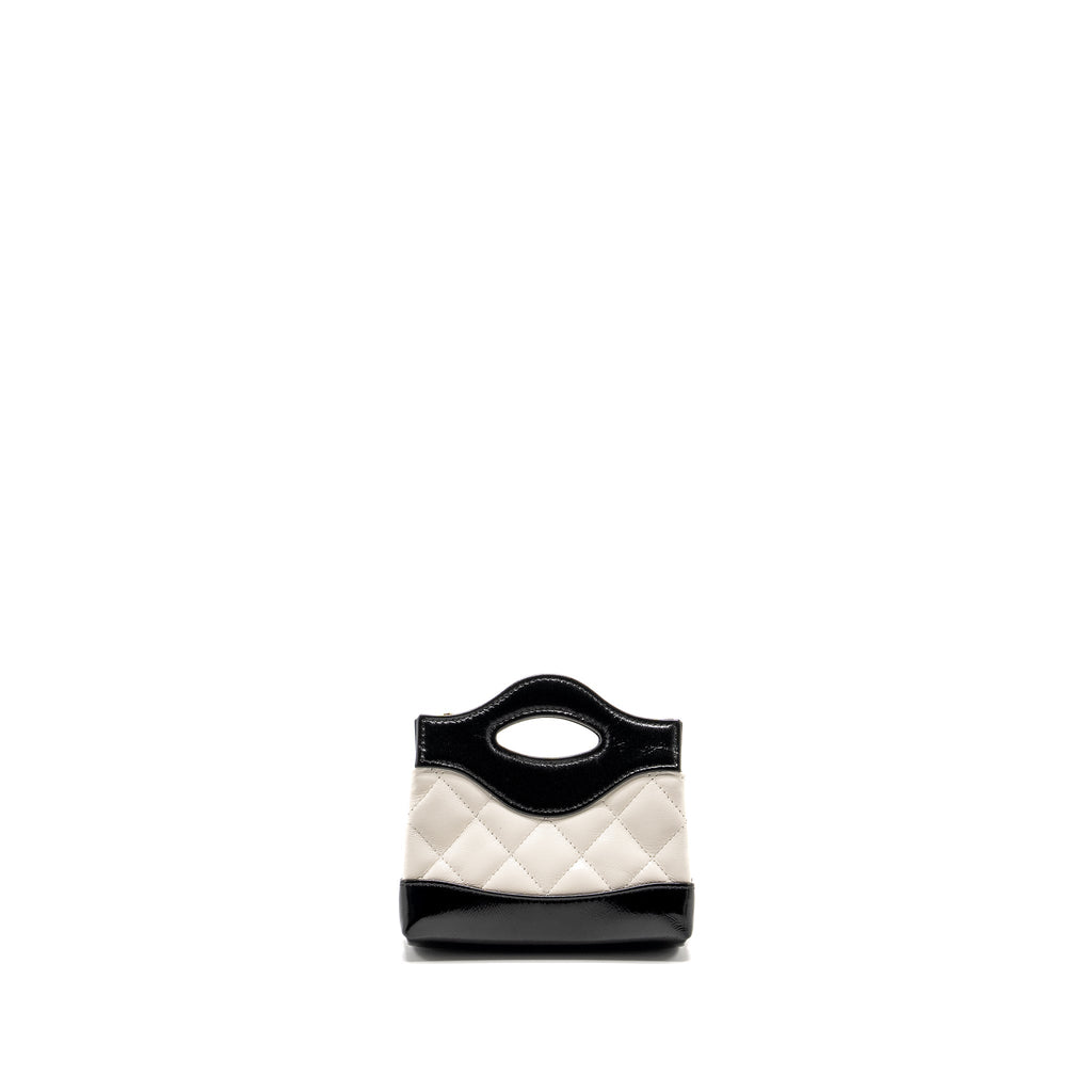 CHANEL 31 NANO CLUTCH WITH CHAIN SHINY LAMBSKIN WHITE/BLACK LGHW (MICROCHIP)