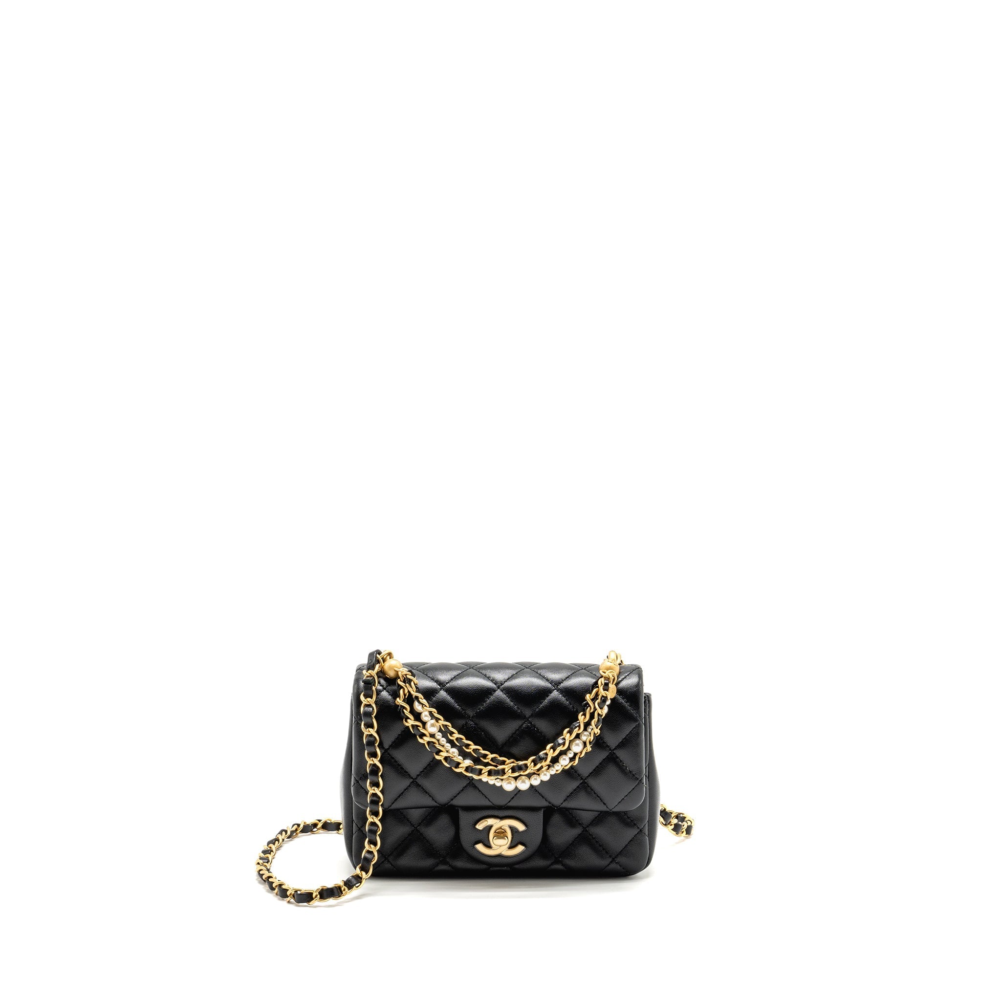 CHANEL 24P PEARL CHAIN MINI FLAP BAG LAMBSKIN BLACK GHW (MICROCHIP)