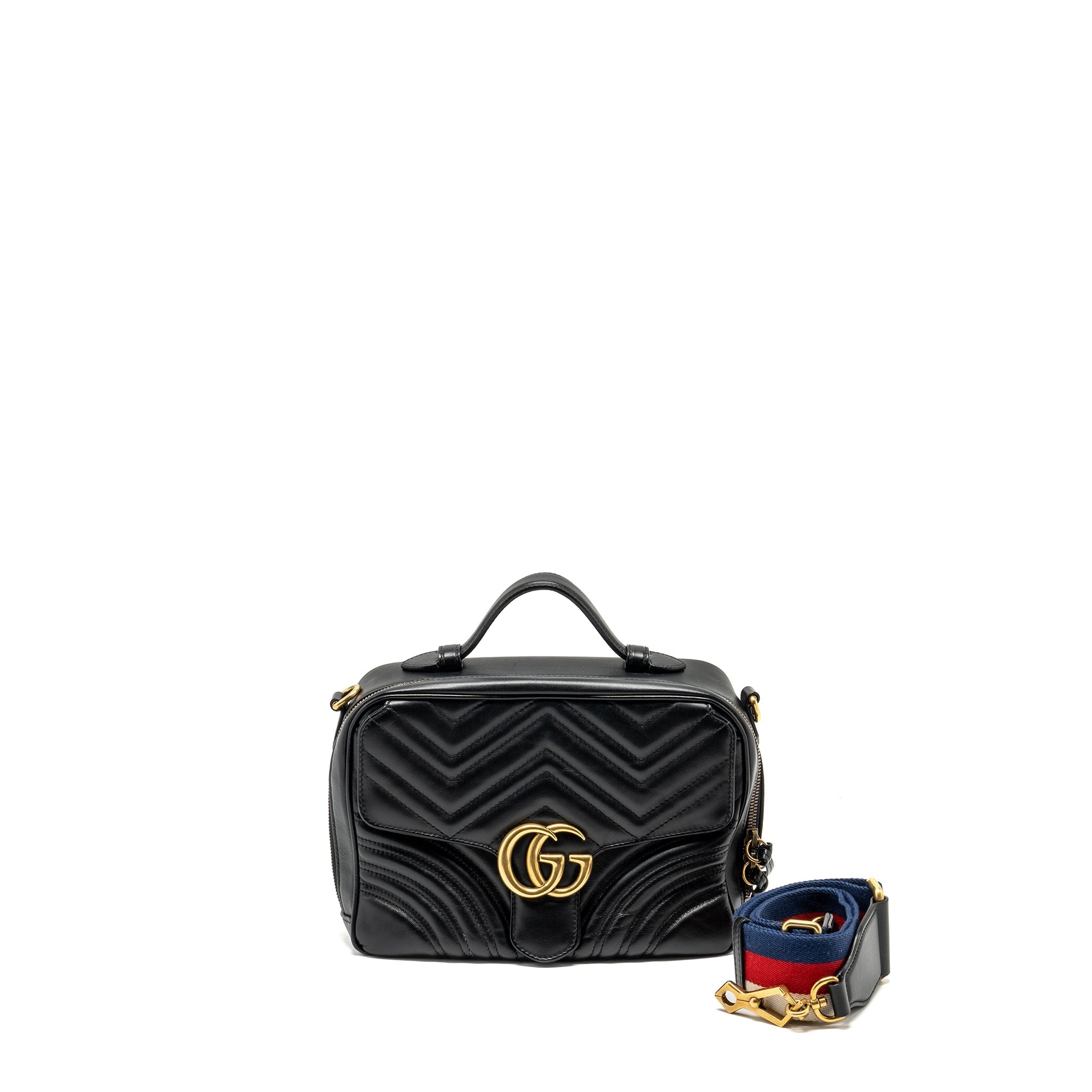 GUCCI GG MARMONT ZIP AROUND TOP HANDLE CAMERA BAG CALFSKIN BLACK GHW